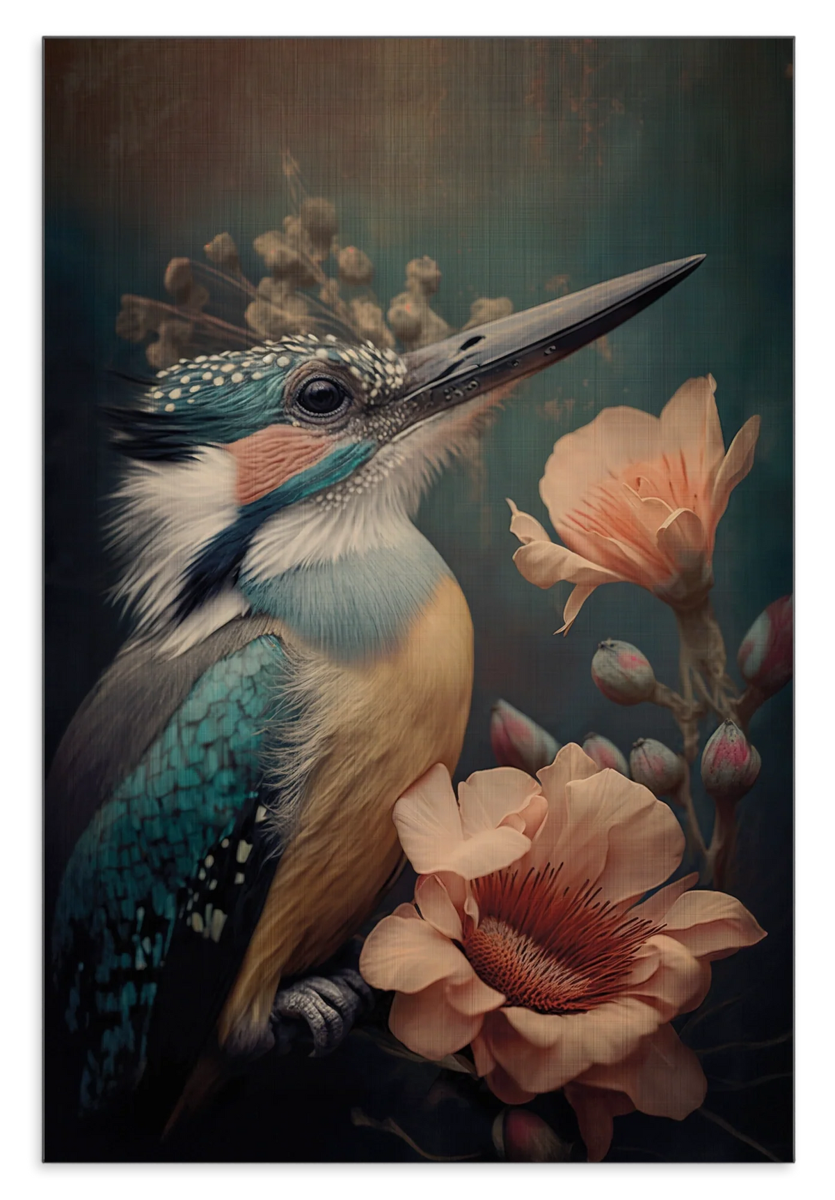 Aluminium Dibond schilderij Ijsvogel 2: blauw-oranje ijsvogel tussen roze bloemen.