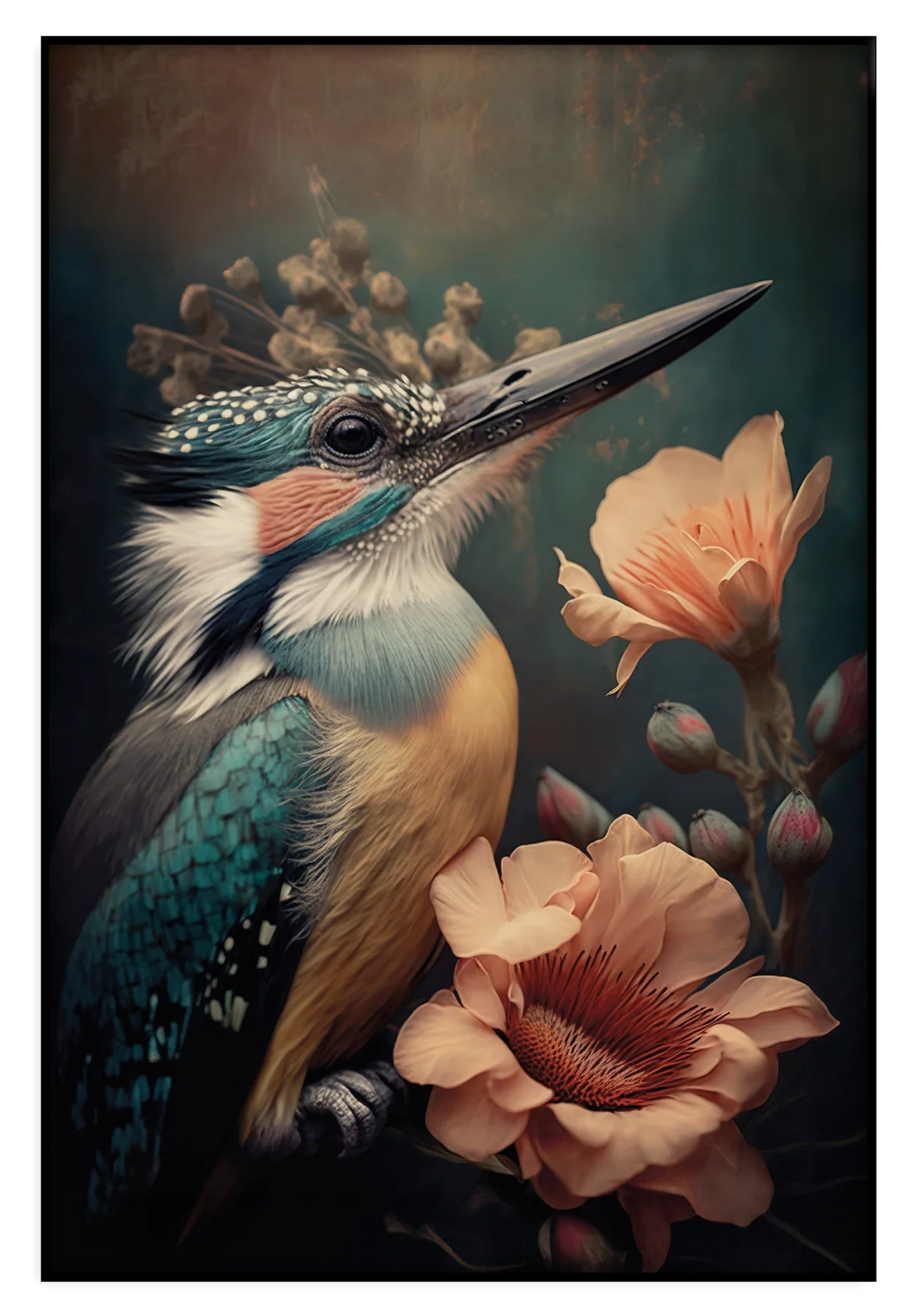 Artframe Ijsvogel 2: blauw-oranje ijsvogel tussen roze bloemen.