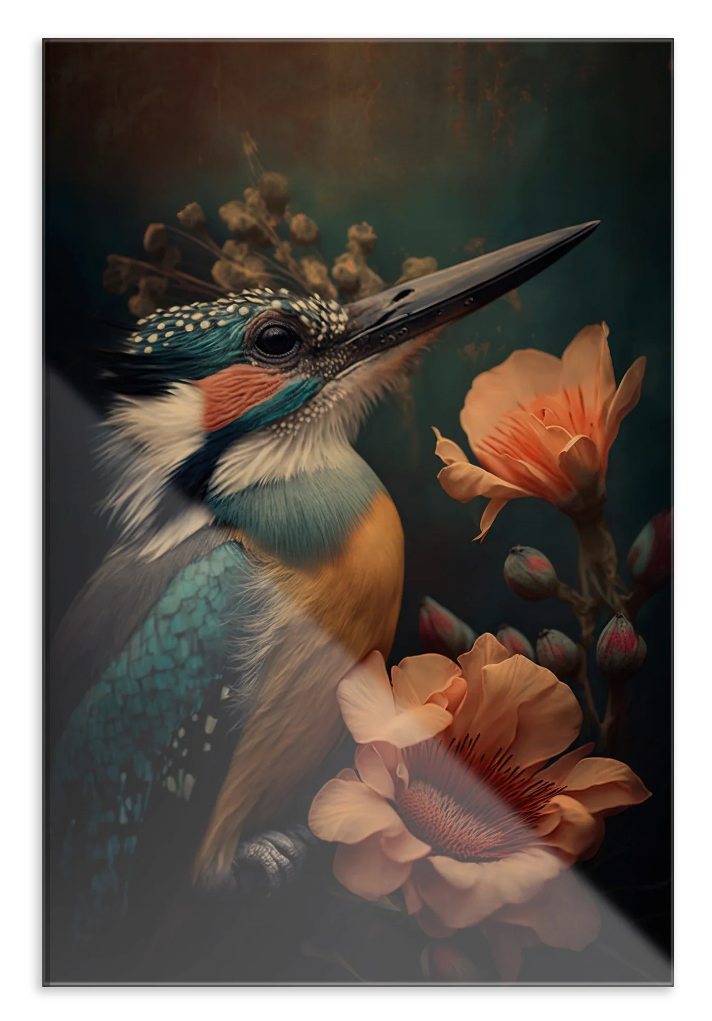Plexiglas schilderij Ijsvogel 2: blauw-oranje ijsvogel tussen roze bloemen.