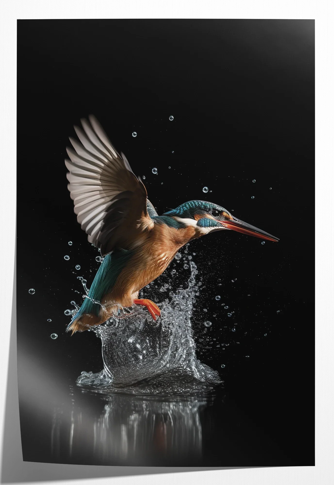 Papieren poster Ijsvogel 3: ijsvogel met gespreide vleugels boven opspattend water.