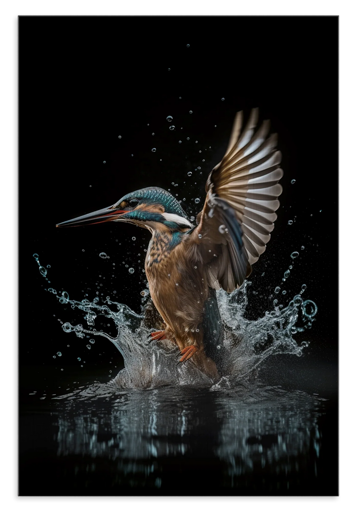Aluminium Dibond schilderij Ijsvogel 4: ijsvogel die uit het water opstijgt tegen een zwarte achtergrond.