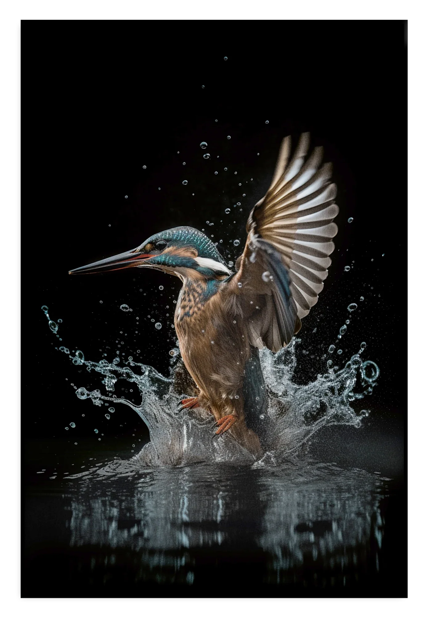 Akoestisch paneel Ijsvogel 4: ijsvogel die uit het water opstijgt tegen een zwarte achtergrond.