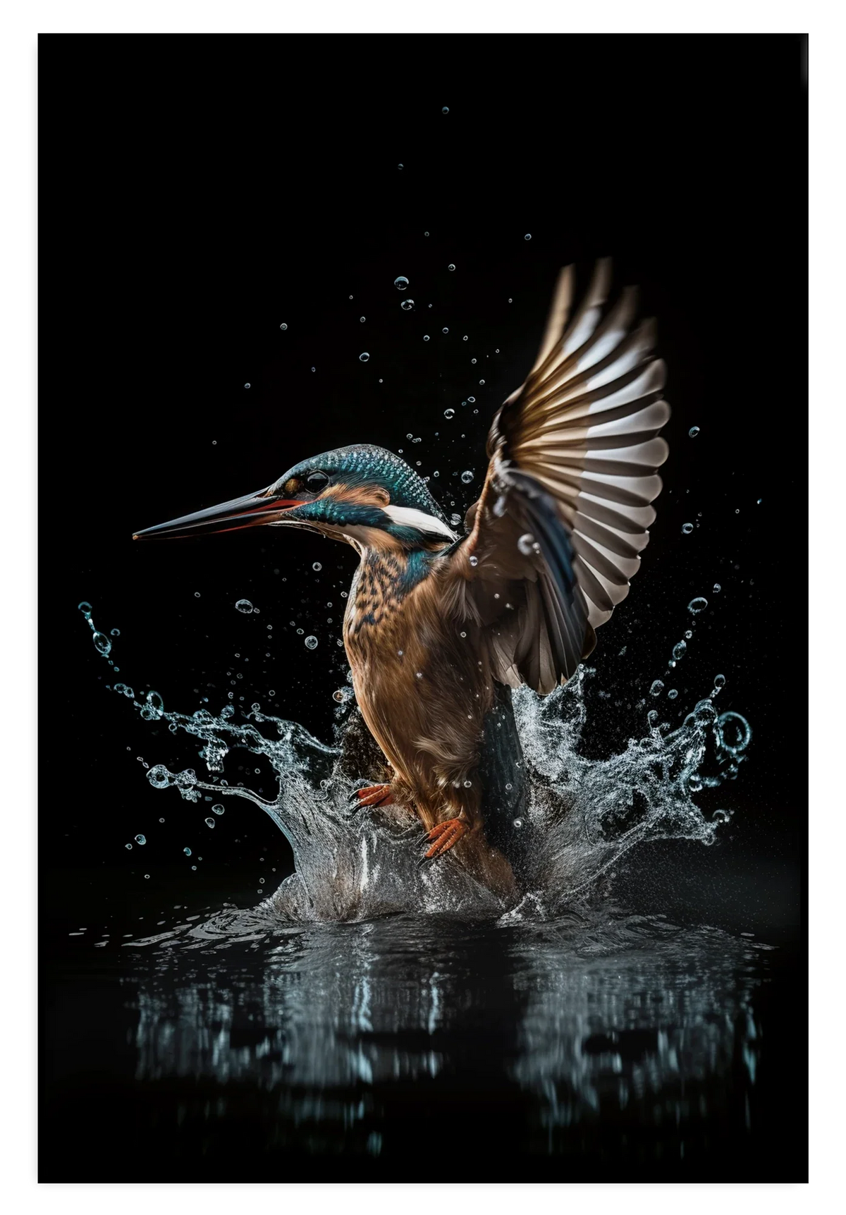 Artframe Ijsvogel 4: ijsvogel die uit het water opstijgt tegen een zwarte achtergrond.