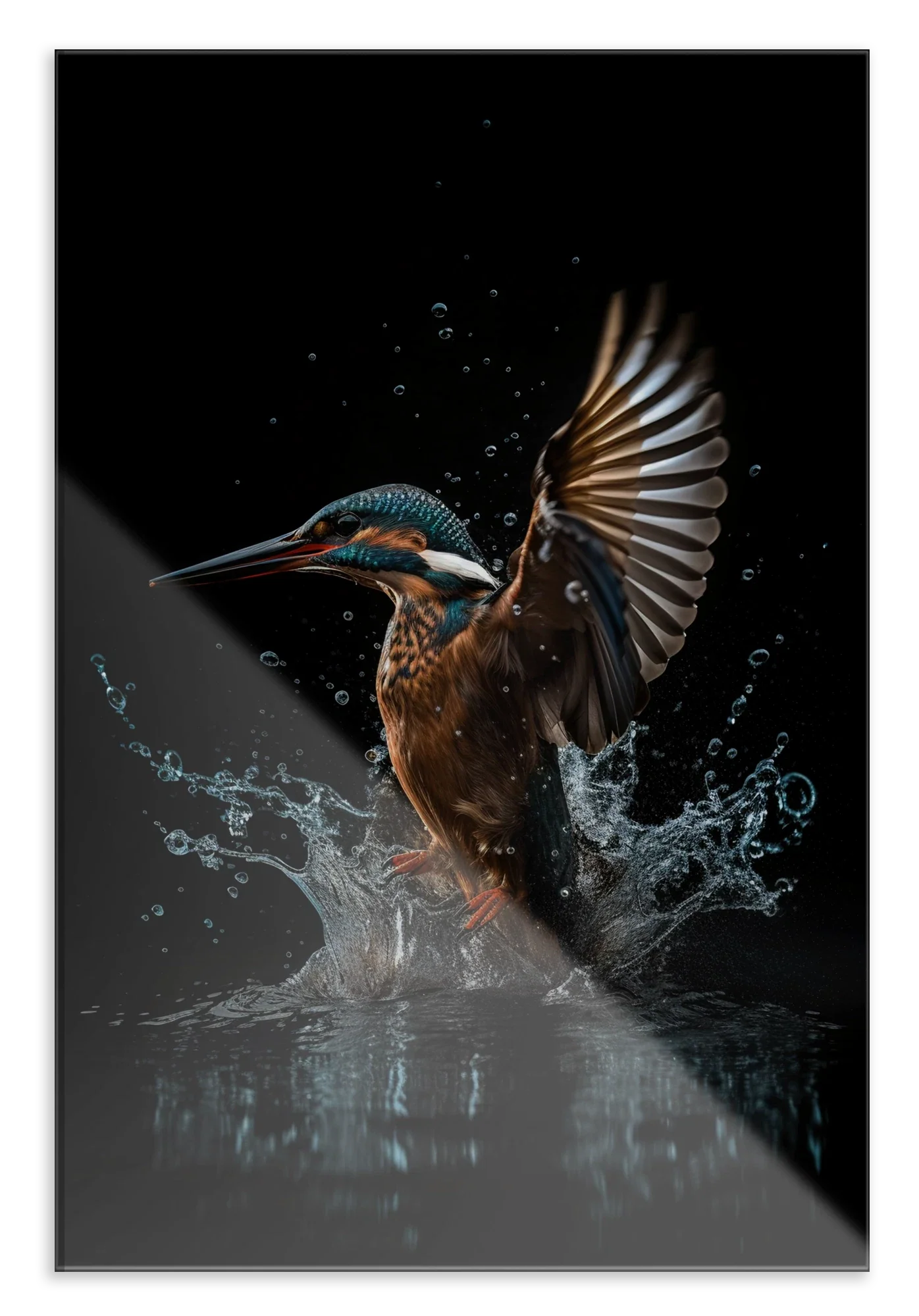 Plexiglas schilderij Ijsvogel 4: ijsvogel die uit het water opstijgt tegen een zwarte achtergrond.