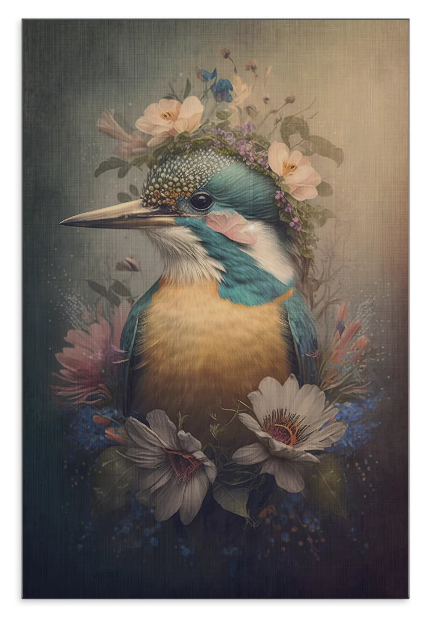Aluminium Dibond schilderij Ijsvogel 6: ijsvogel met bloemen op de kop en rond de borst.