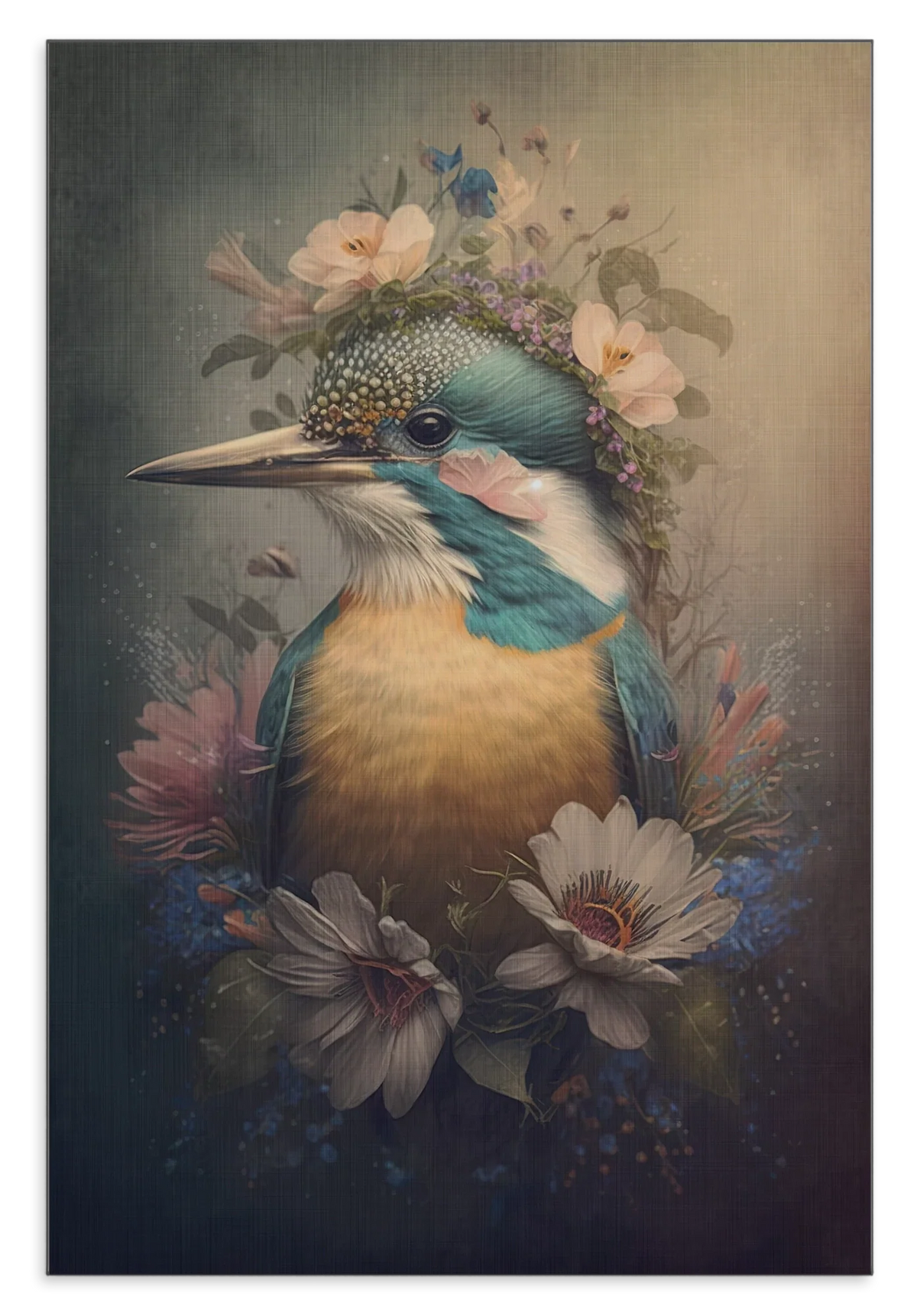 Aluminium Dibond schilderij Ijsvogel 6: ijsvogel met bloemen op de kop en rond de borst.