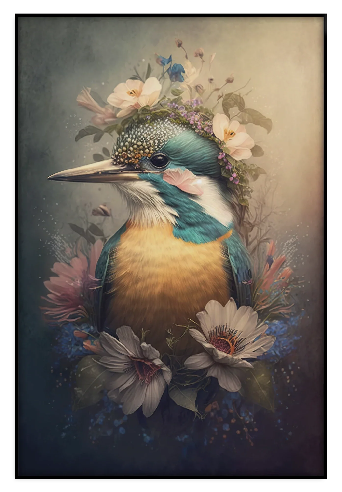 Artframe Ijsvogel 6: ijsvogel met bloemen op de kop en rond de borst.