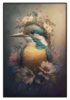 Artframe Ijsvogel 6: ijsvogel met bloemen op de kop en rond de borst.