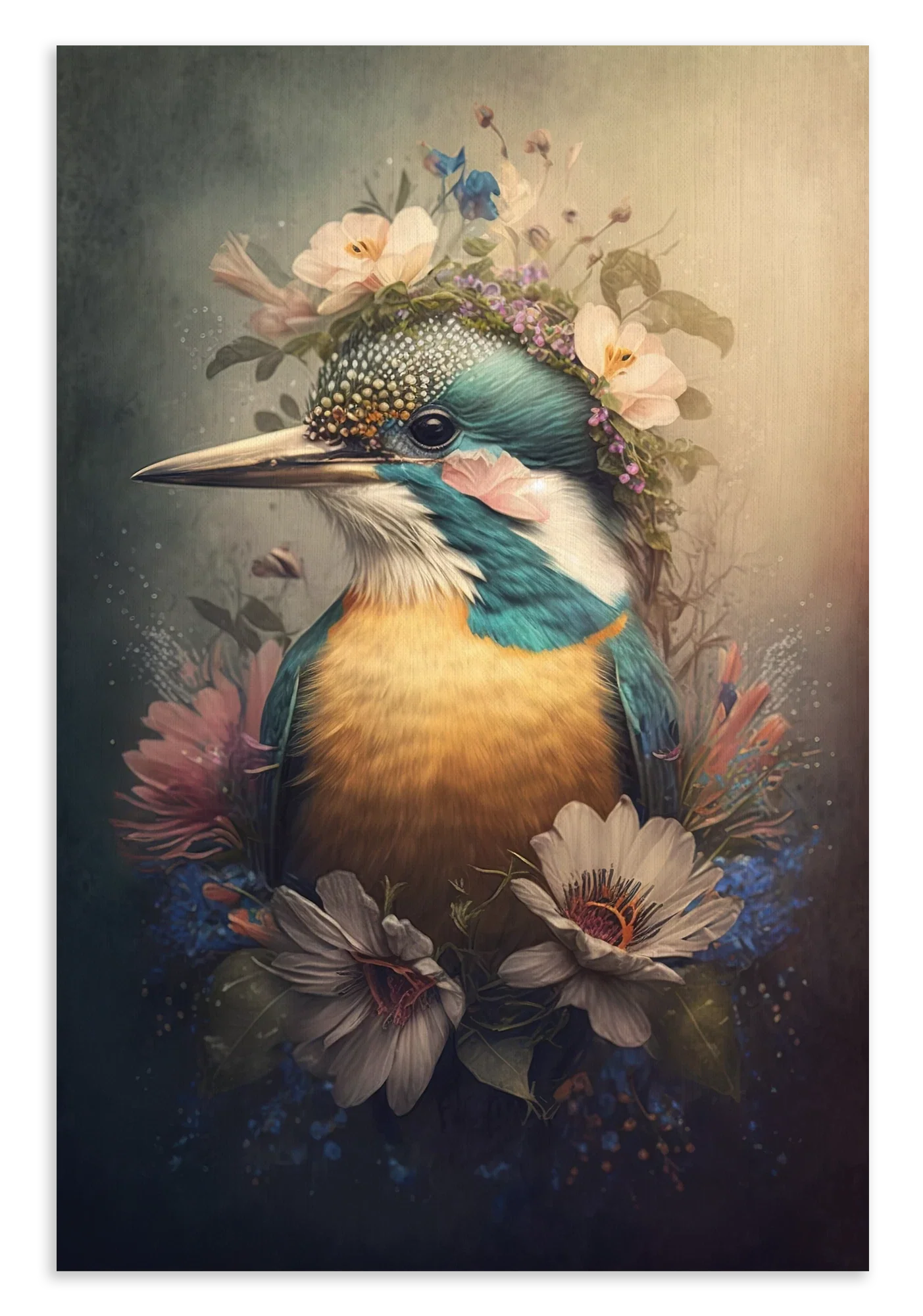 Canvas schilderij Ijsvogel 6: ijsvogel met bloemen op de kop en rond de borst.