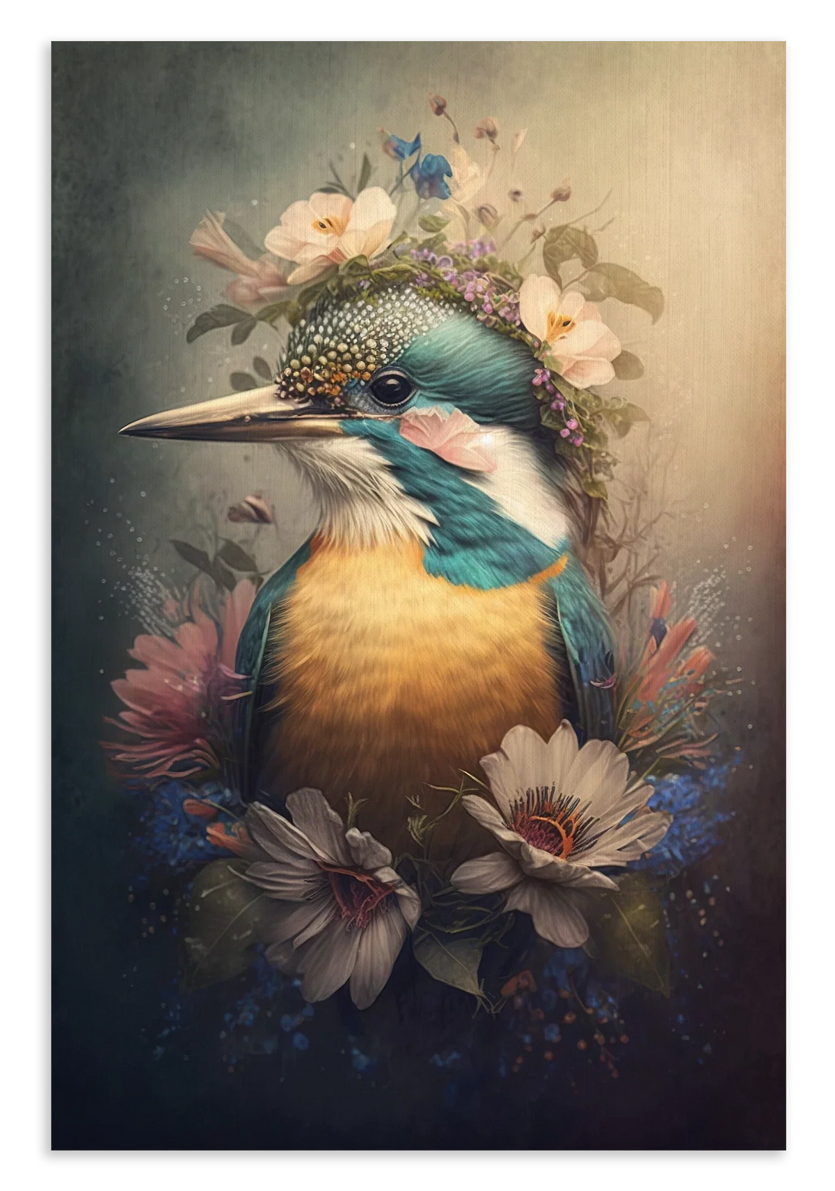 Canvas schilderij Ijsvogel 6: ijsvogel met bloemen op de kop en rond de borst.