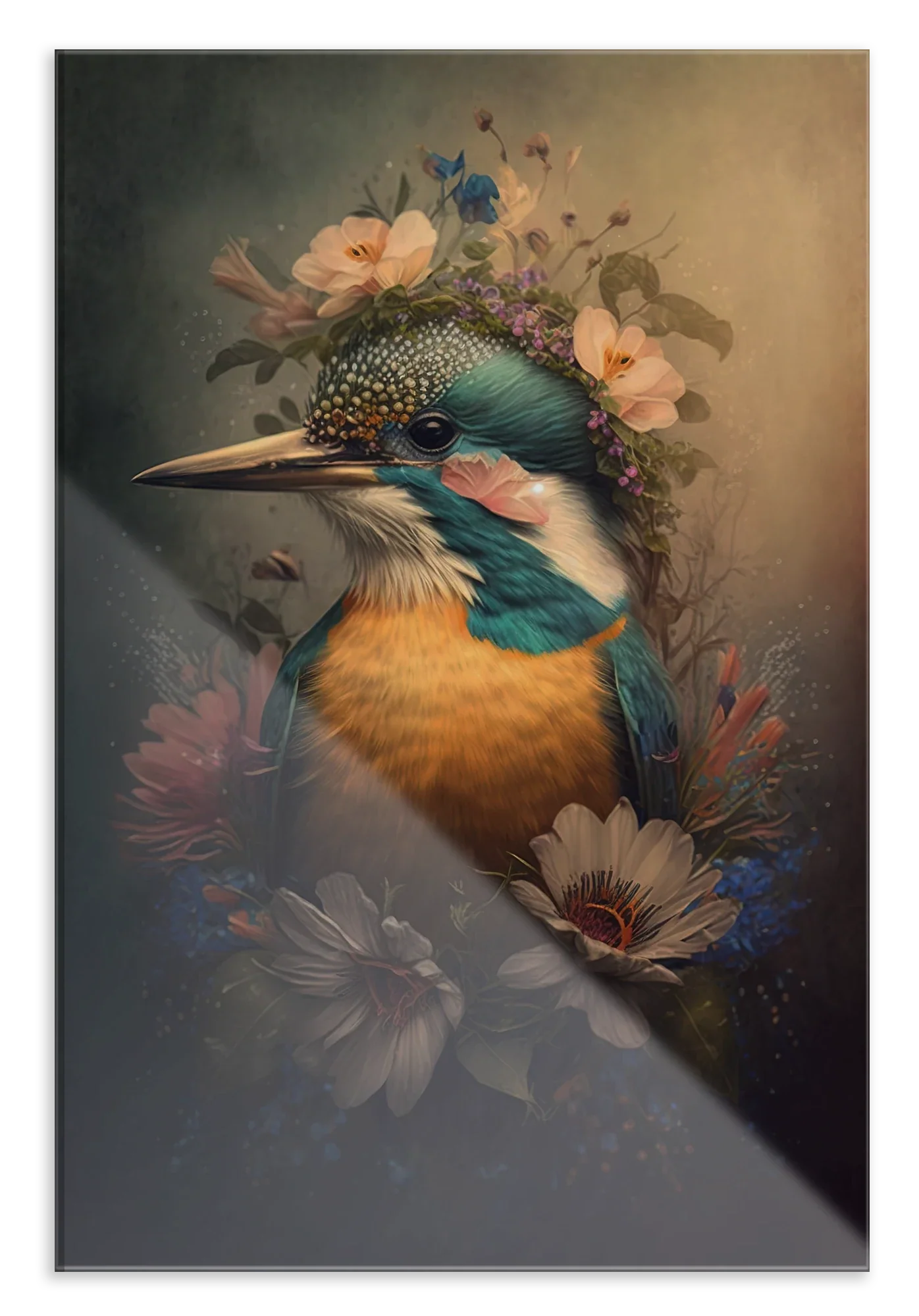 Plexiglas schilderij Ijsvogel 6: ijsvogel met bloemen op de kop en rond de borst.