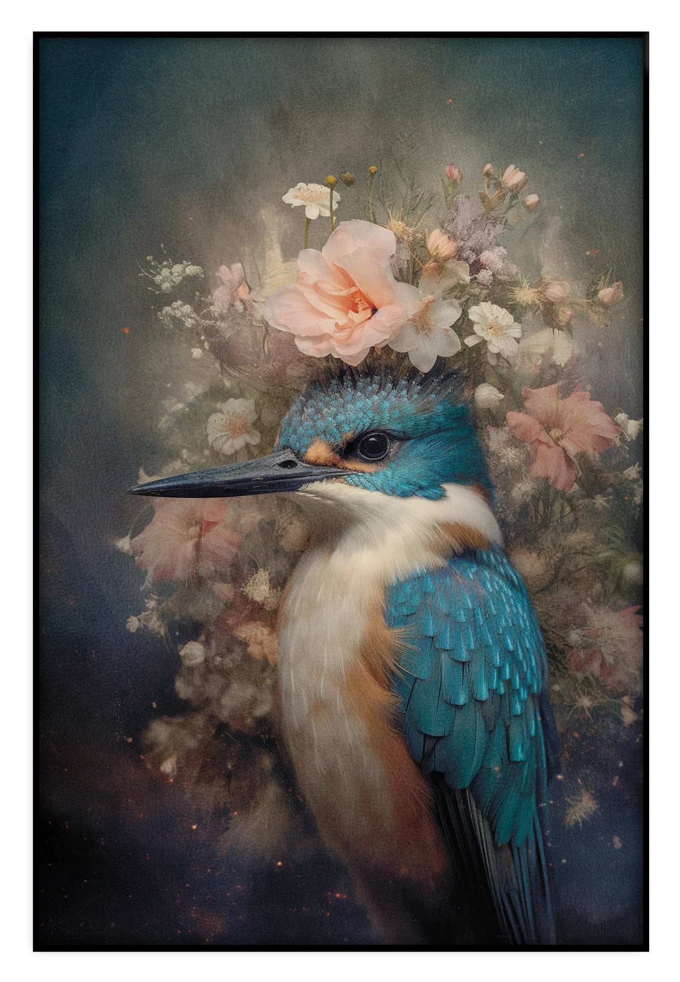Akoestisch paneel Ijsvogel 7: blauwe ijsvogel met roze bloemen op de kop.