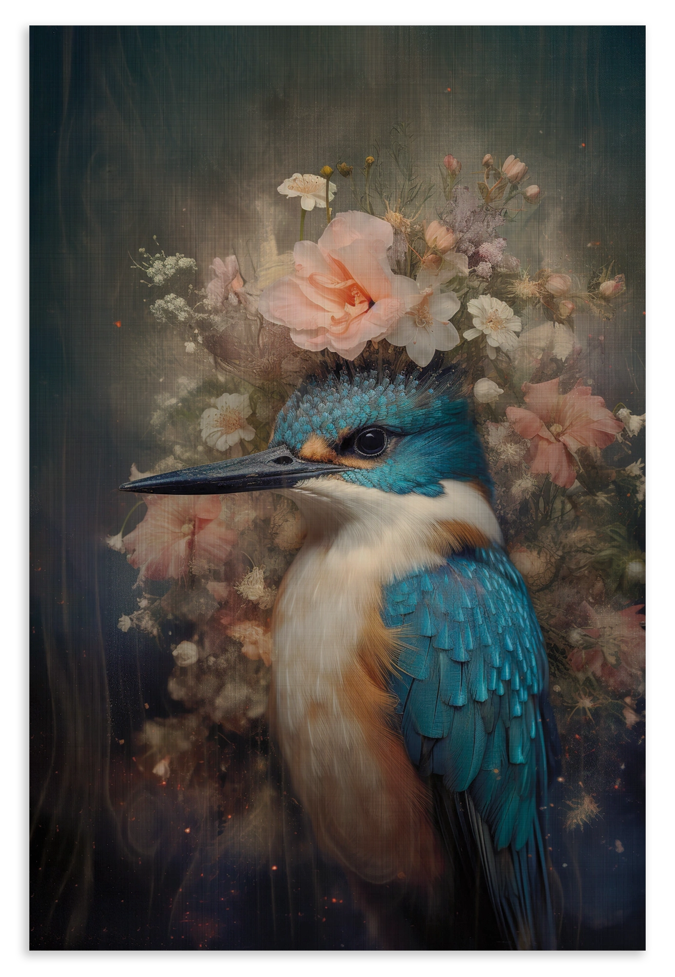 Houten wanddecoratie Ijsvogel 7: blauwe ijsvogel met roze bloemen op de kop.
