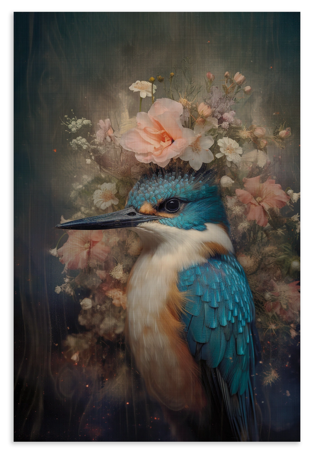 Houten wanddecoratie Ijsvogel 7: blauwe ijsvogel met roze bloemen op de kop.