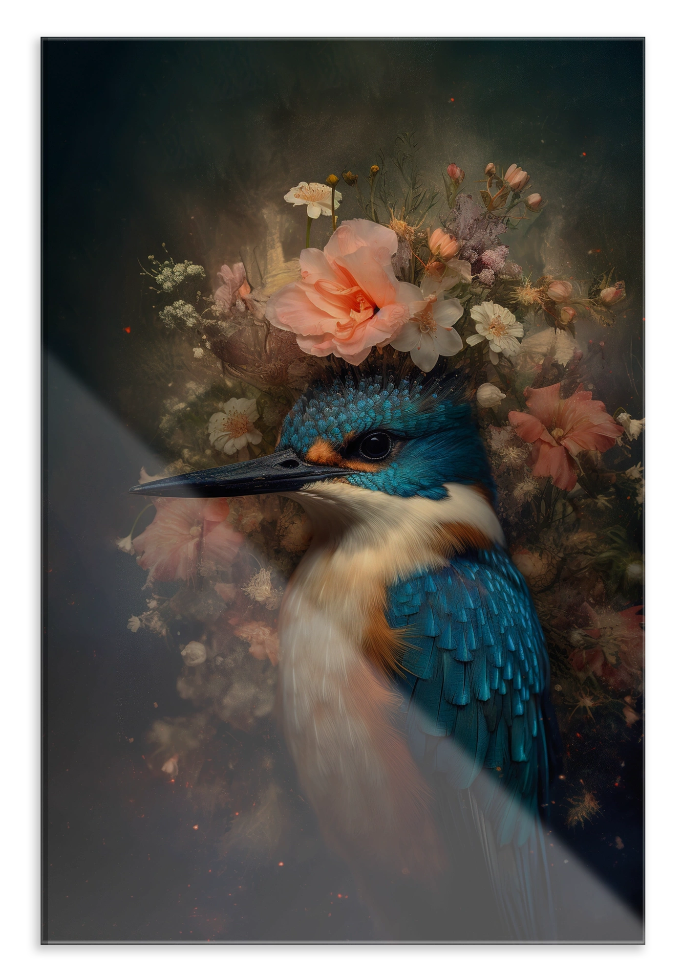 Plexiglas schilderij Ijsvogel 7: blauwe ijsvogel met roze bloemen op de kop.