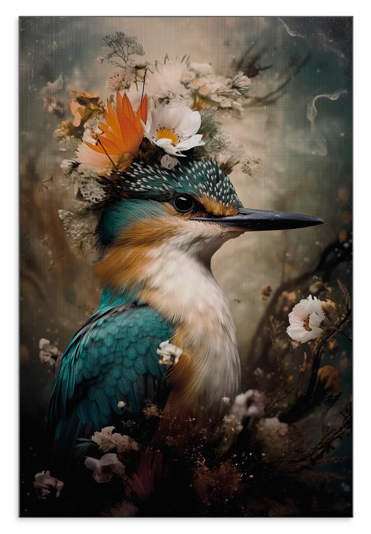 Aluminium Dibond schilderij Ijsvogel 8: ijsvogel met witte bloemen en een oranje vlinder op de kop.