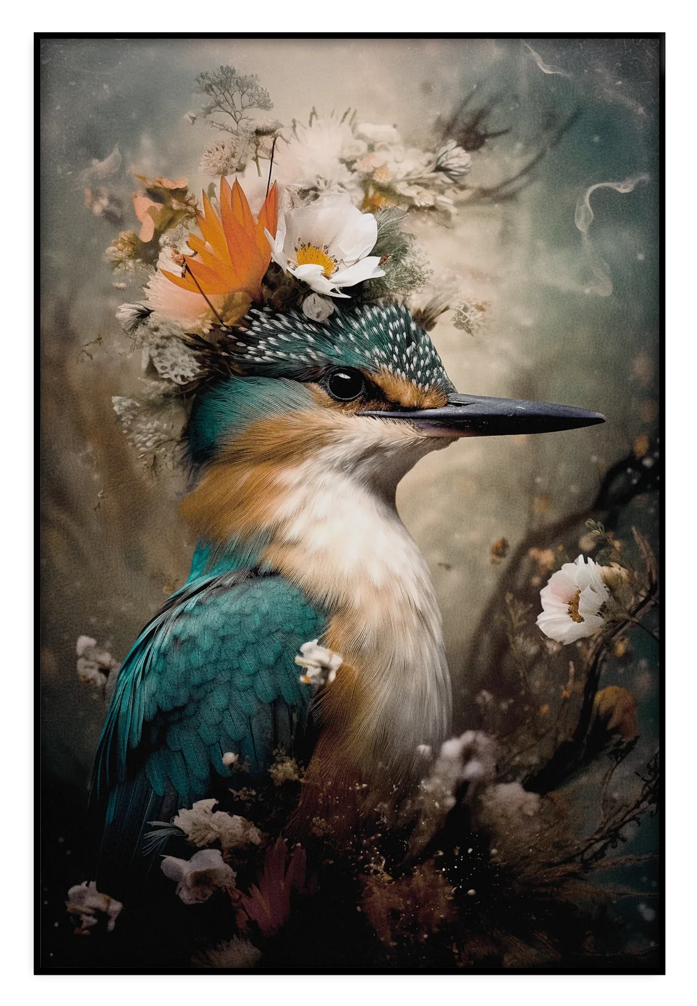 Akoestisch paneel Ijsvogel 8: ijsvogel met witte bloemen en een oranje vlinder op de kop.