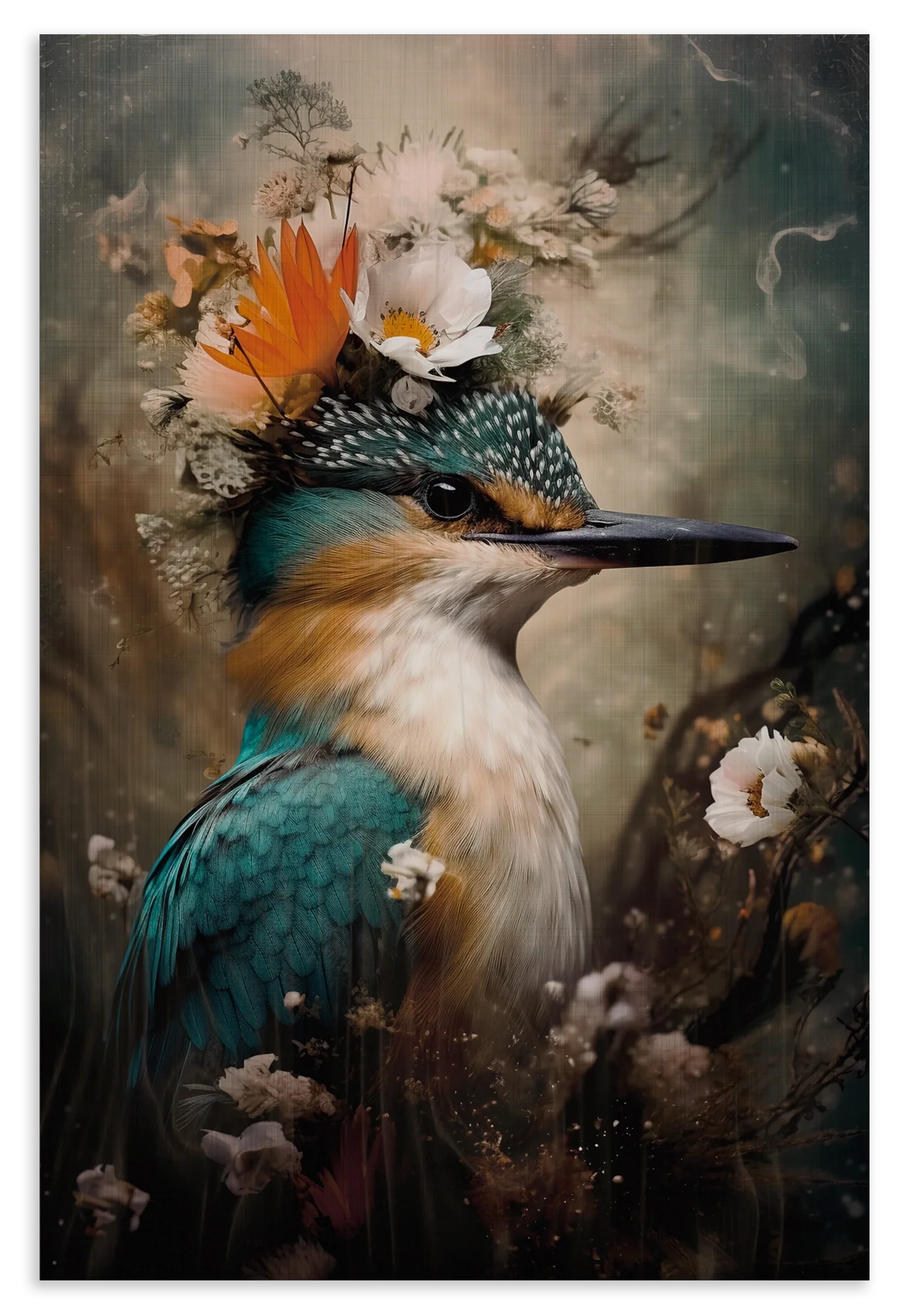 Houten wanddecoratie Ijsvogel 8: ijsvogel met witte bloemen en een oranje vlinder op de kop.