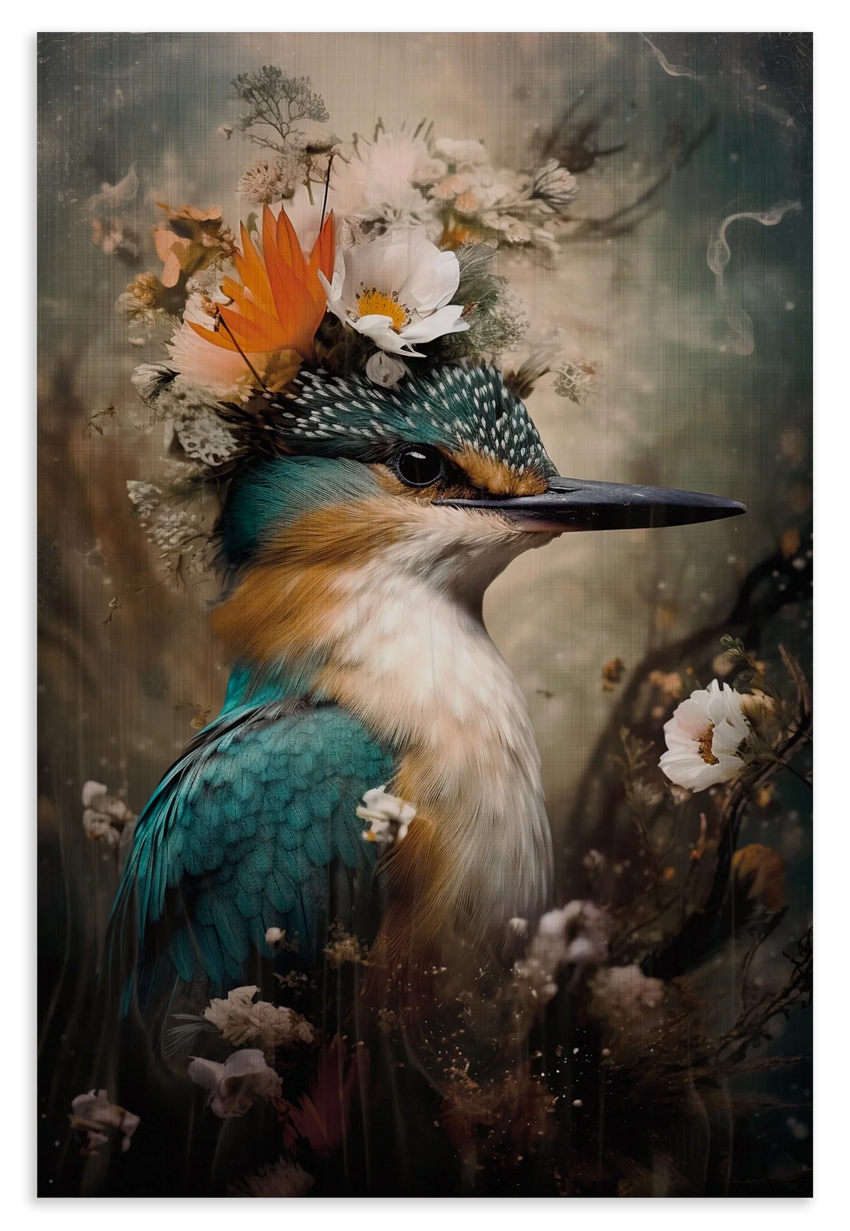 Houten wanddecoratie Ijsvogel 8: ijsvogel met witte bloemen en een oranje vlinder op de kop.