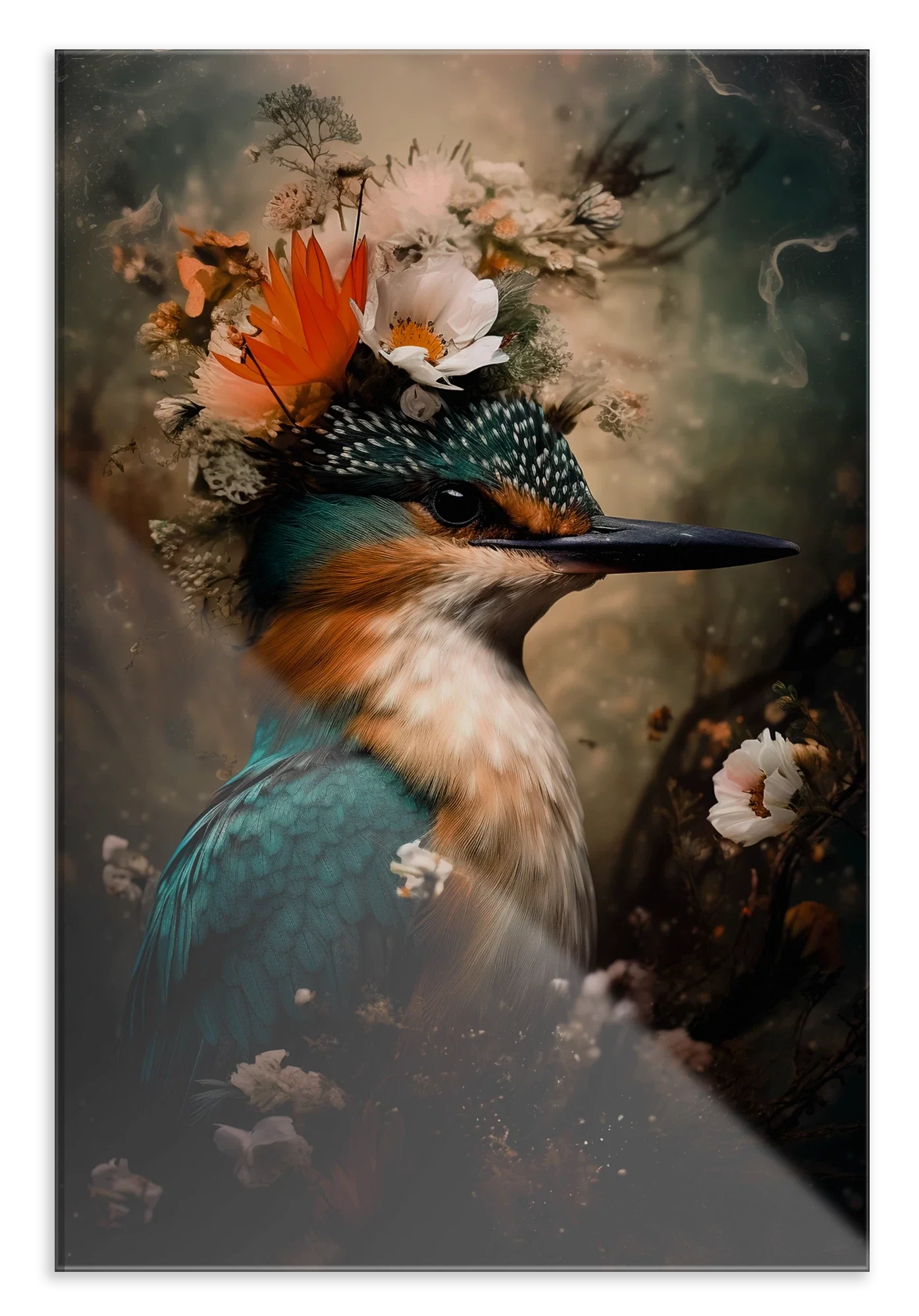 Plexiglas schilderij Ijsvogel 8: ijsvogel met witte bloemen en een oranje vlinder op de kop.