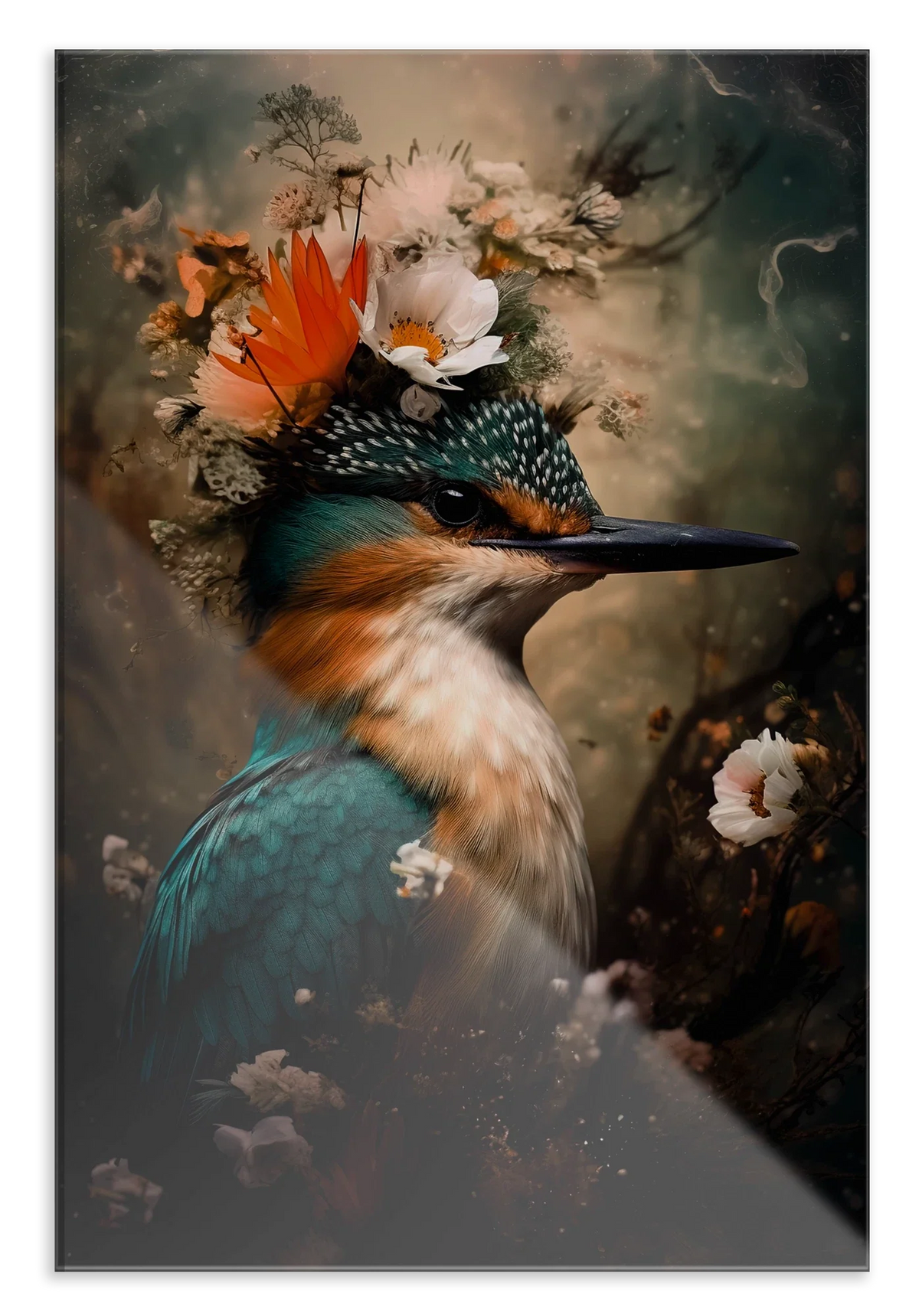 Plexiglas schilderij Ijsvogel 8: ijsvogel met witte bloemen en een oranje vlinder op de kop.