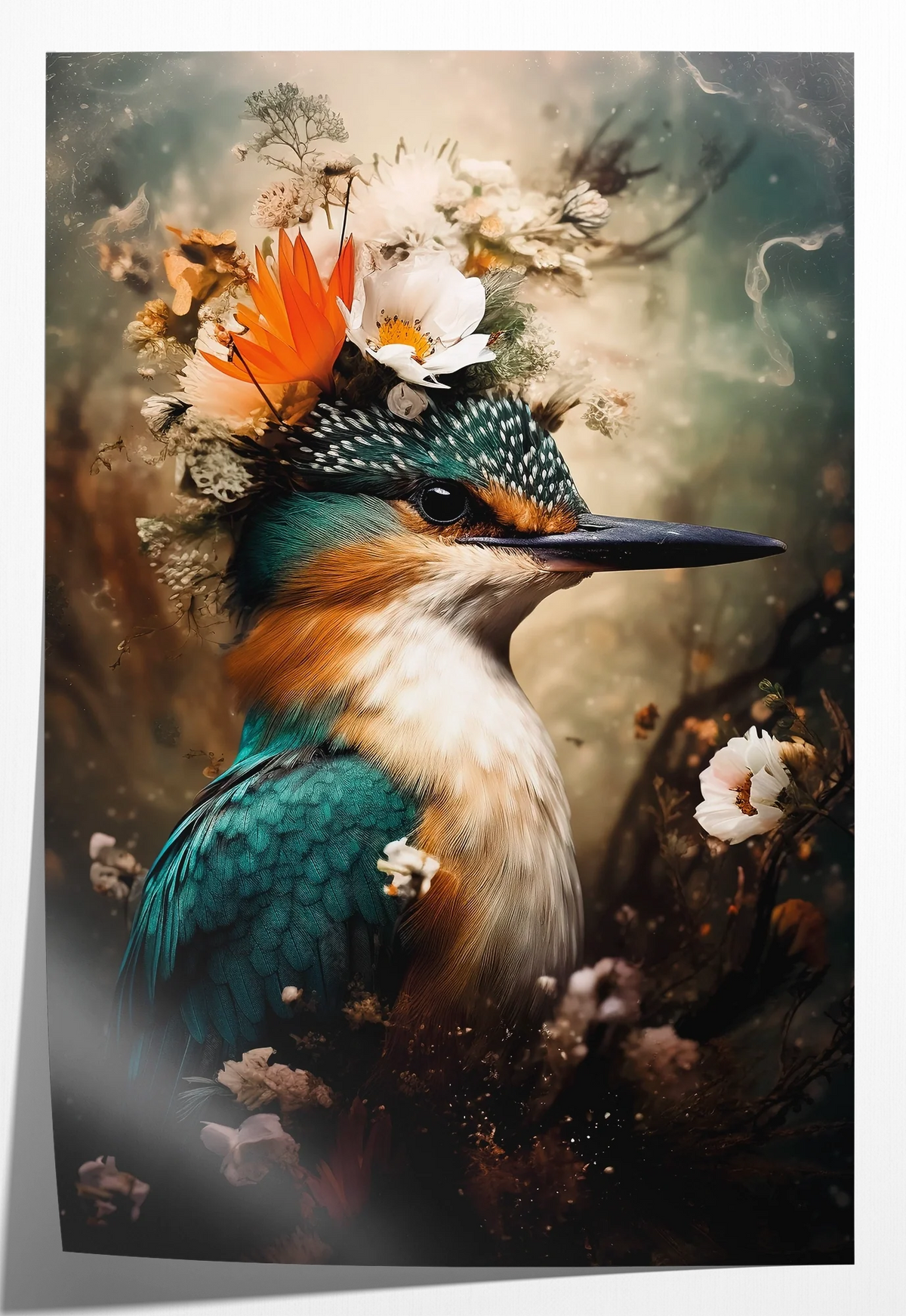 Papieren poster Ijsvogel 8: ijsvogel met witte bloemen en een oranje vlinder op de kop.