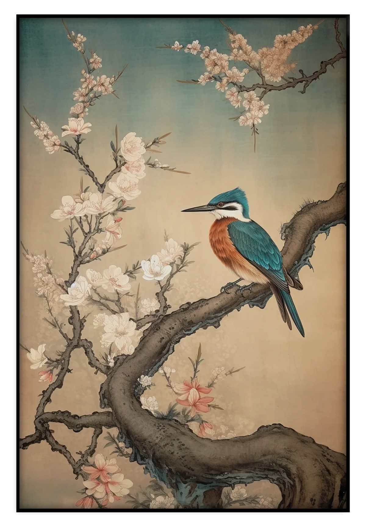 Artframe Ijsvogel 9: ijsvogel op een tak tussen witte en roze bloesem.