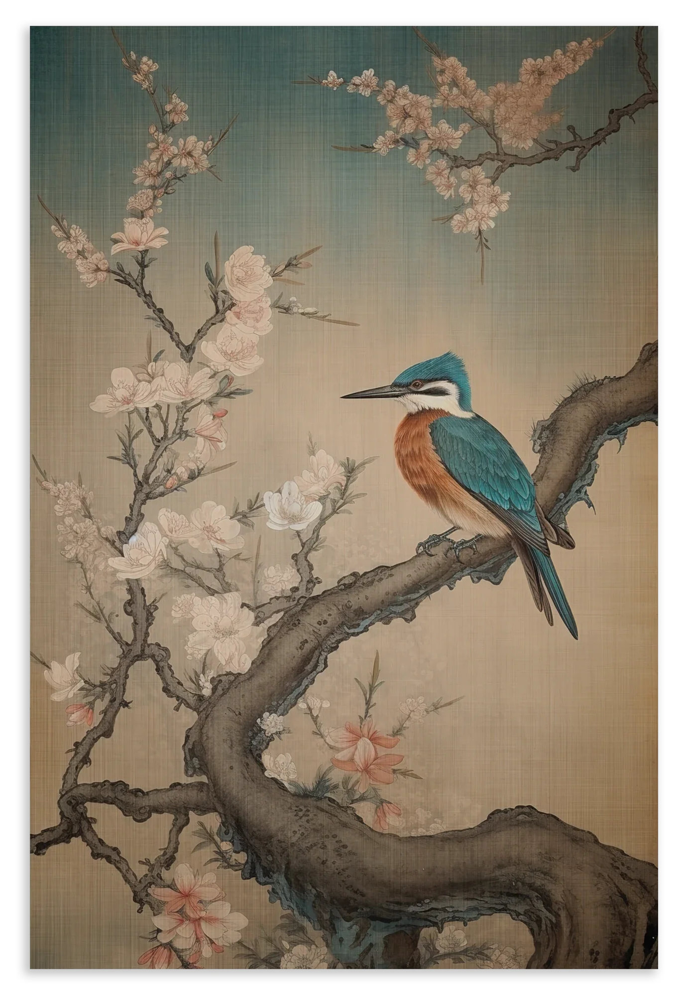 Houten wanddecoratie Ijsvogel 9: ijsvogel op een tak tussen witte en roze bloesem.