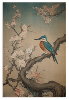 Houten wanddecoratie Ijsvogel 9: ijsvogel op een tak tussen witte en roze bloesem.