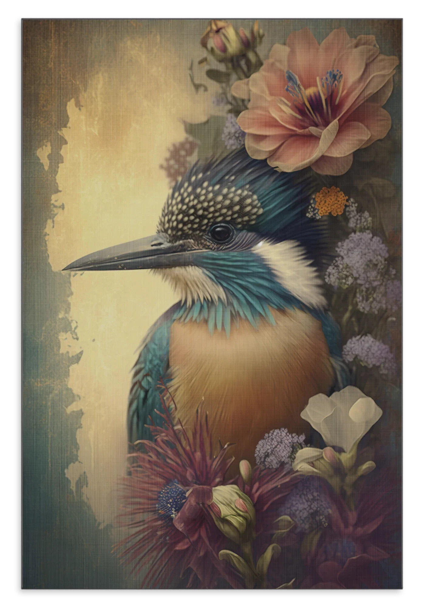 Aluminium Dibond schilderij Ijsvogel: ijsvogel tussen bloemen in zachte blauwe en gele tinten.