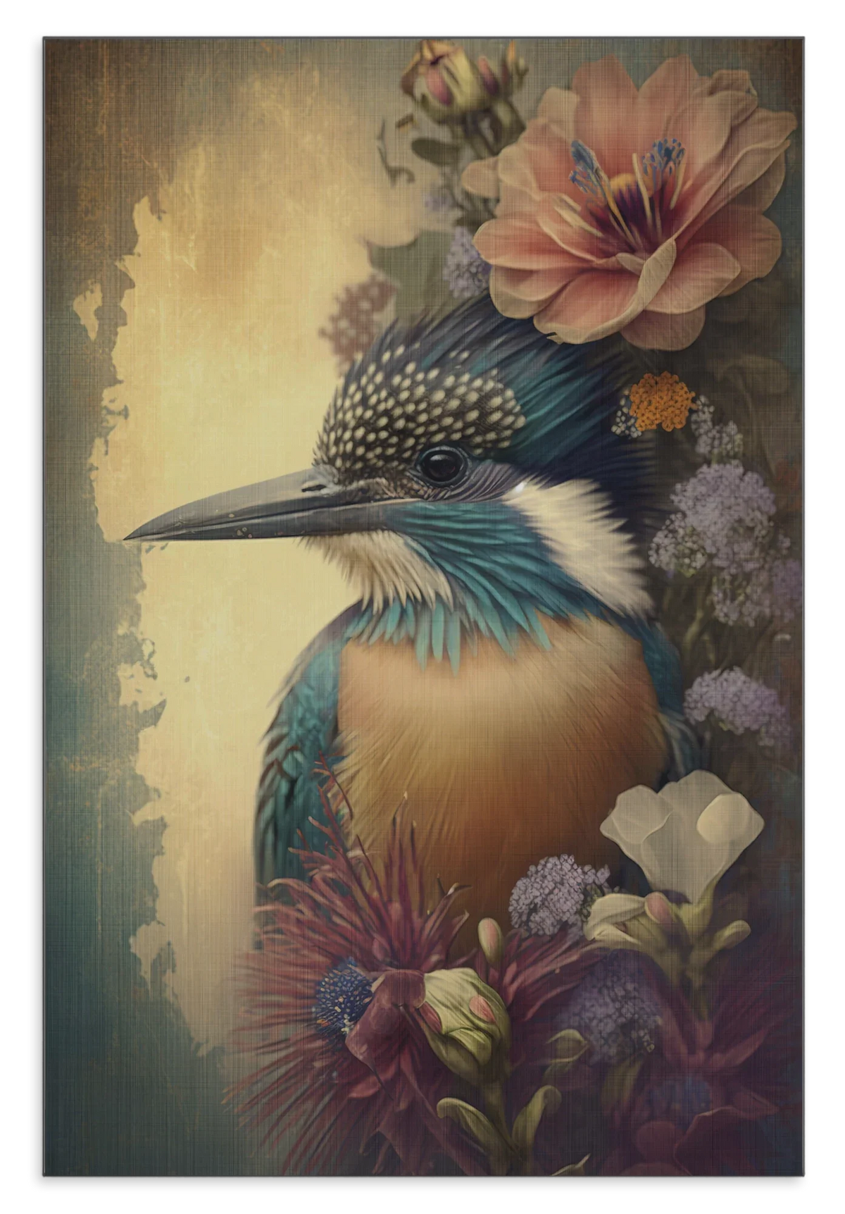 Aluminium Dibond schilderij Ijsvogel: ijsvogel tussen bloemen in zachte blauwe en gele tinten.