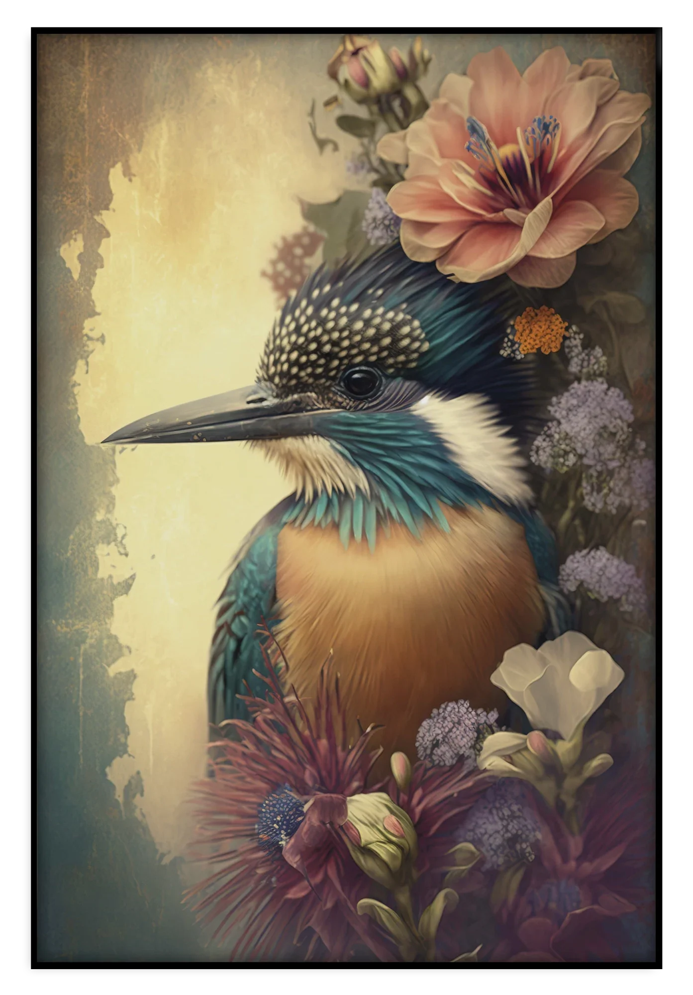 Artframe Ijsvogel: ijsvogel tussen bloemen in zachte blauwe en gele tinten.