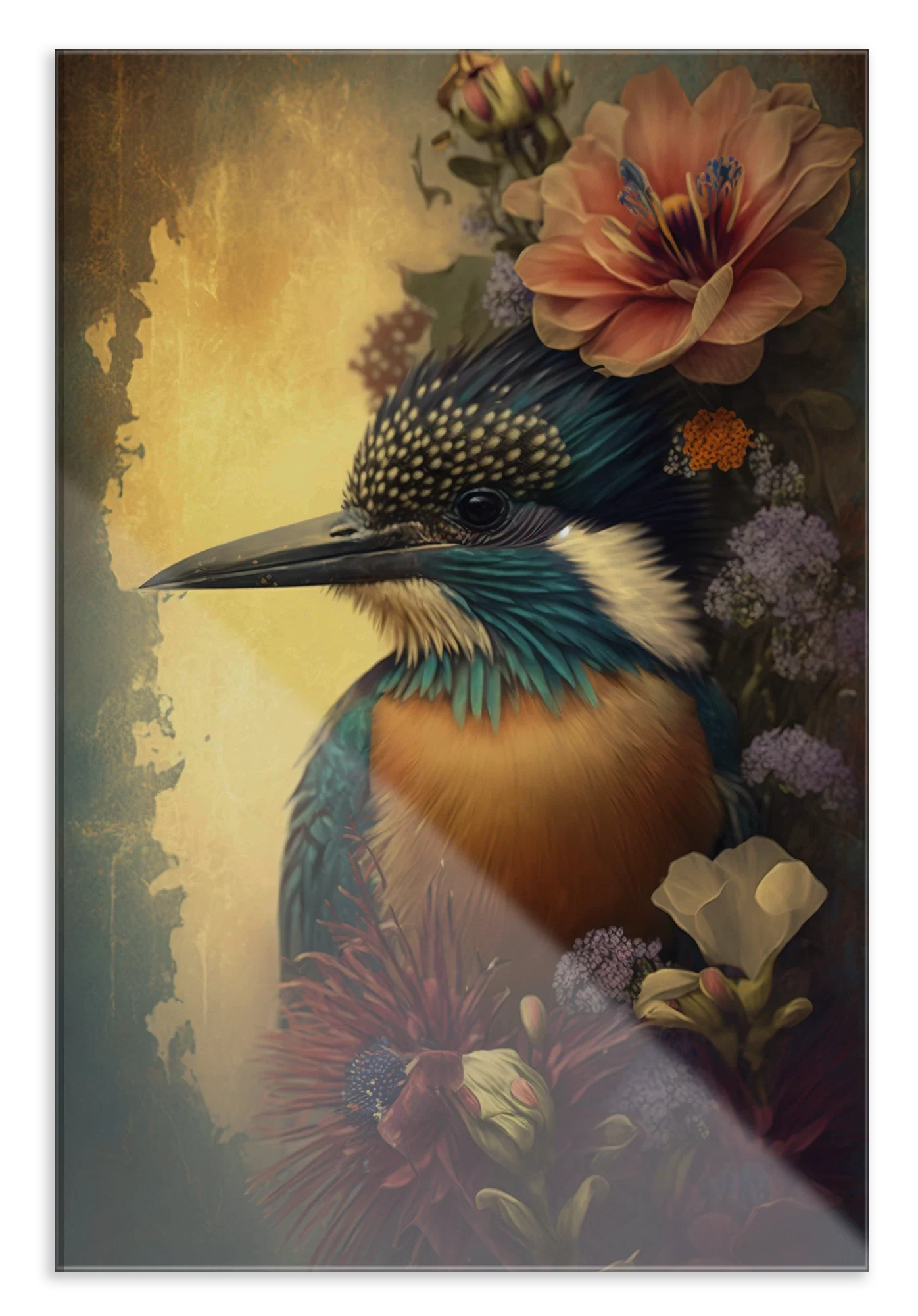 Plexiglas schilderij Ijsvogel: ijsvogel tussen bloemen in zachte blauwe en gele tinten.