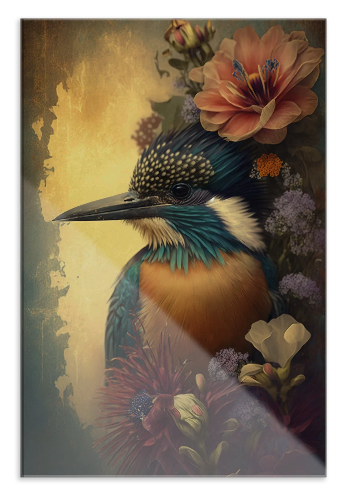 Plexiglas schilderij Ijsvogel: ijsvogel tussen bloemen in zachte blauwe en gele tinten.
