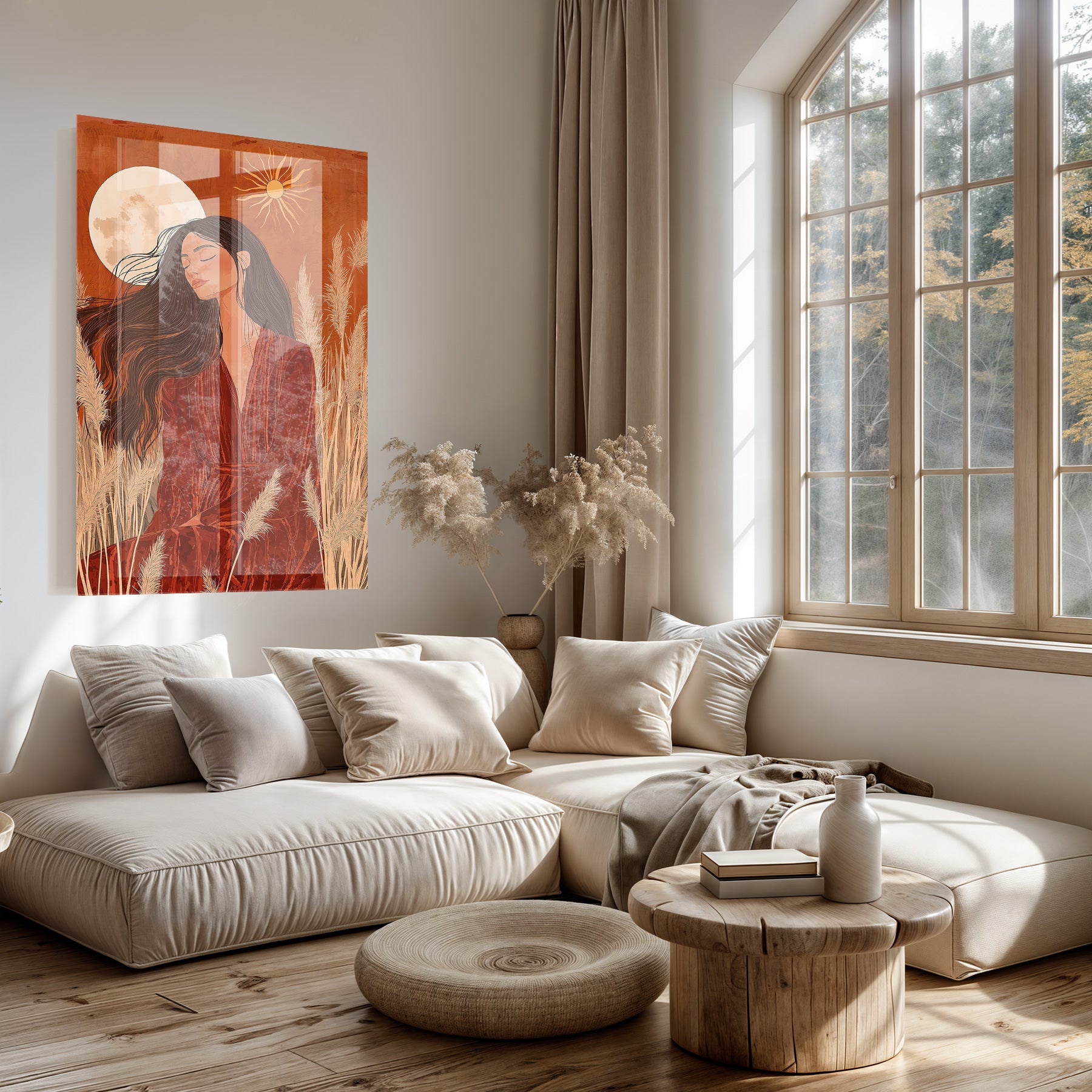 Plexiglas schilderij Ines boven een lichte bank in een woonkamer.