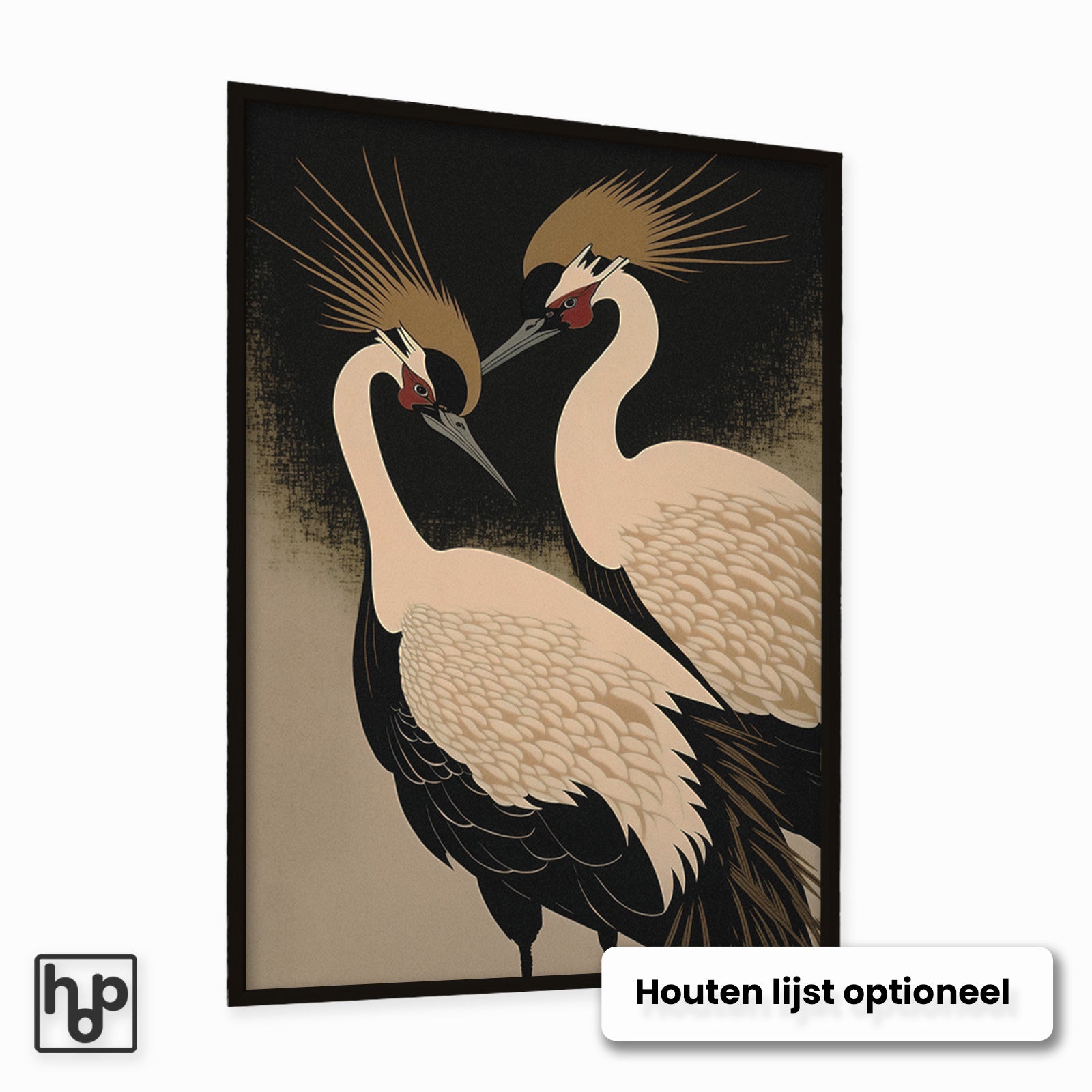 Twee Japanse kraanvogels met gouden kuiven op een donkere achtergrond, in een zwarte lijst.