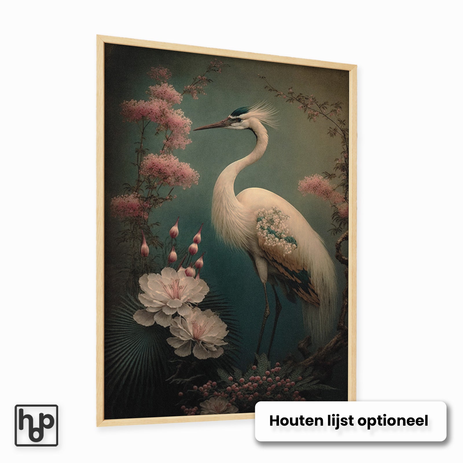Vintage Japanse kraanvogel kunstprint met roze kersenbloesem en witte bloemen, in een houten lijst.