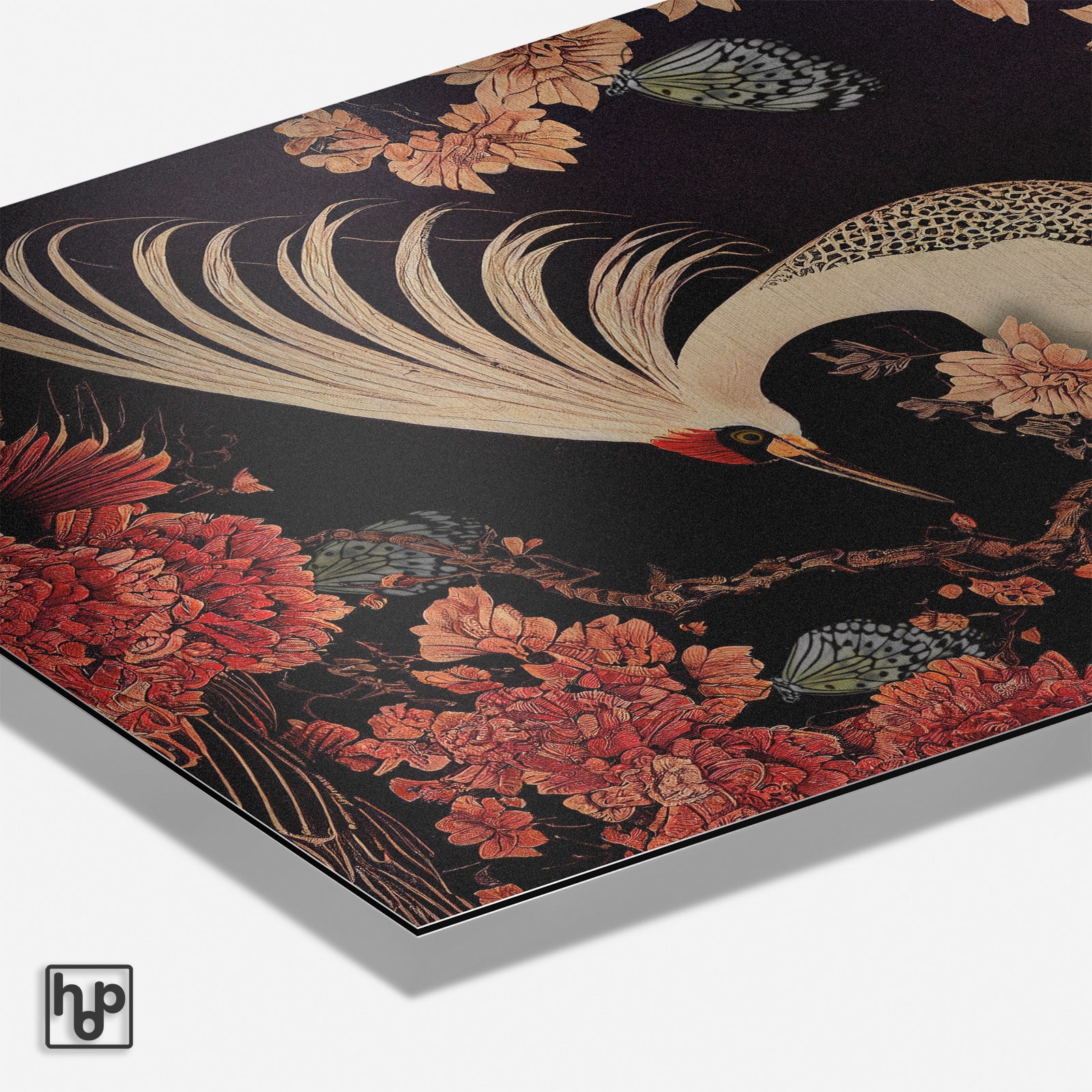 Japanse kraanvogel poster met kersenbloesem, vlinders en vintage tinten op donkere achtergrond.