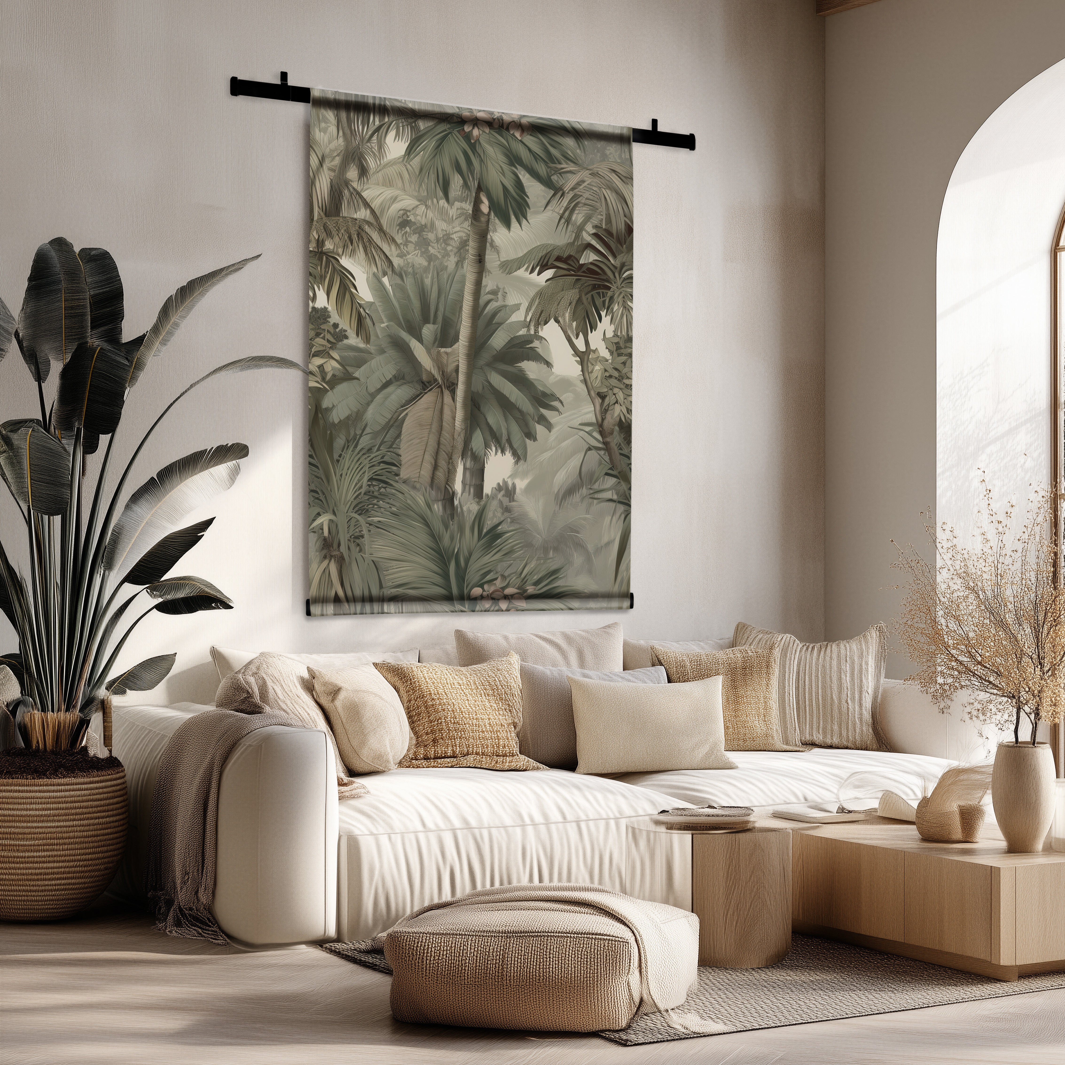 Jungle wandkleed met palmbladeren en exotische dieren, hangend boven een beige bank in een lichte woonkamer.