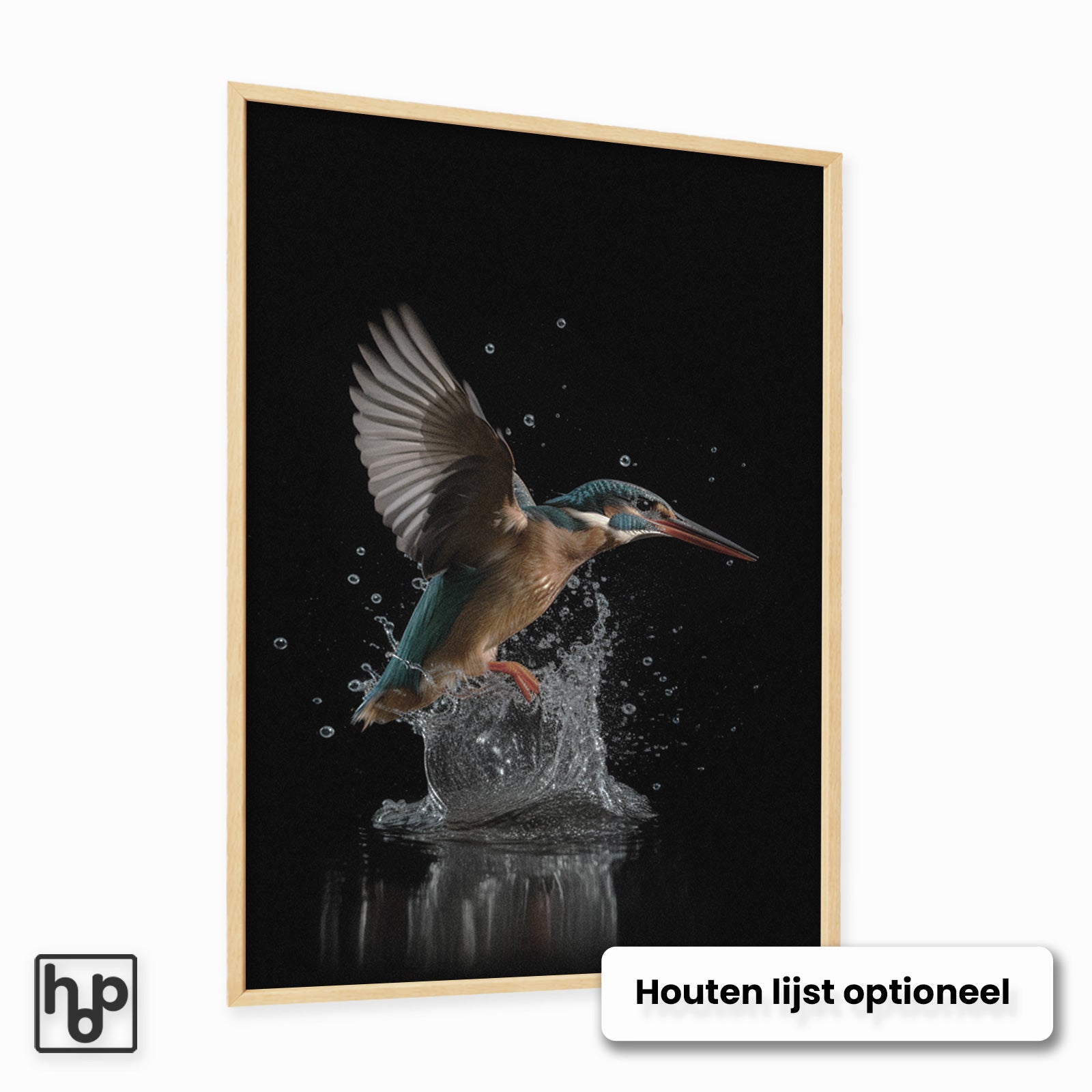 Aluminium Dibond schilderij Ijsvogel 3 met een optionele naturel houten lijst.