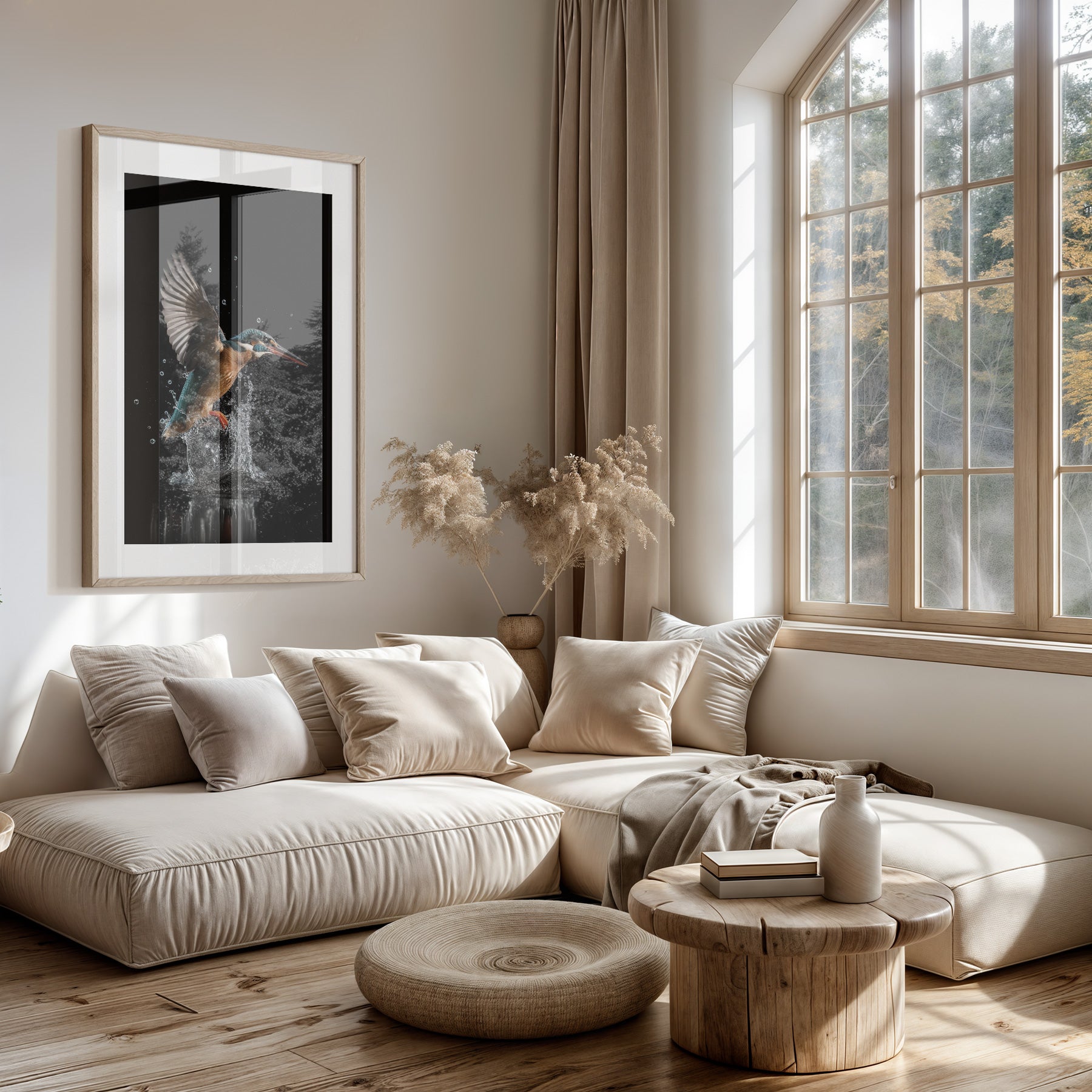 Papieren poster Ijsvogel 3 boven een lichte bank in een woonkamer.
