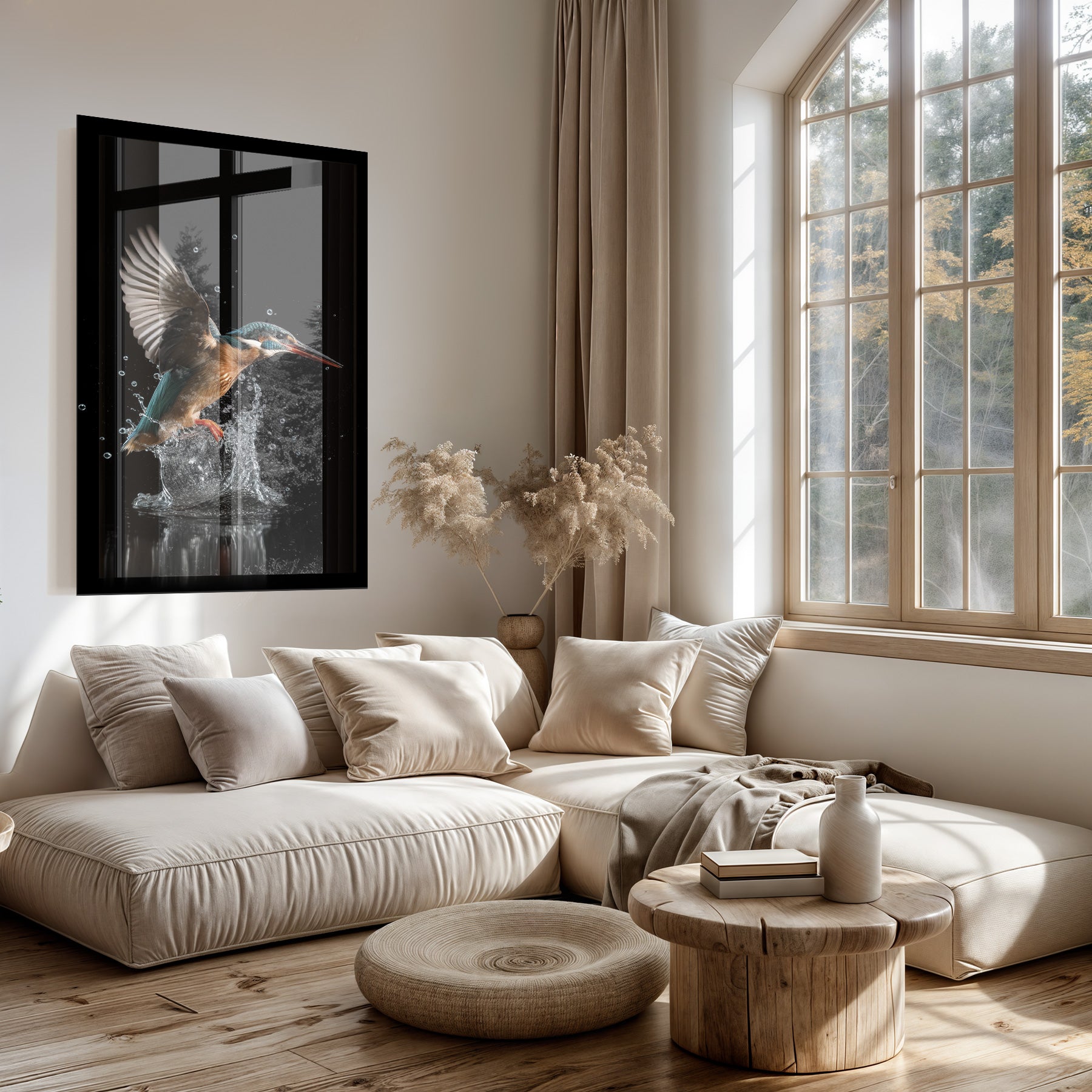 Plexiglas schilderij Ijsvogel 3 boven een lichte bank in een woonkamer.