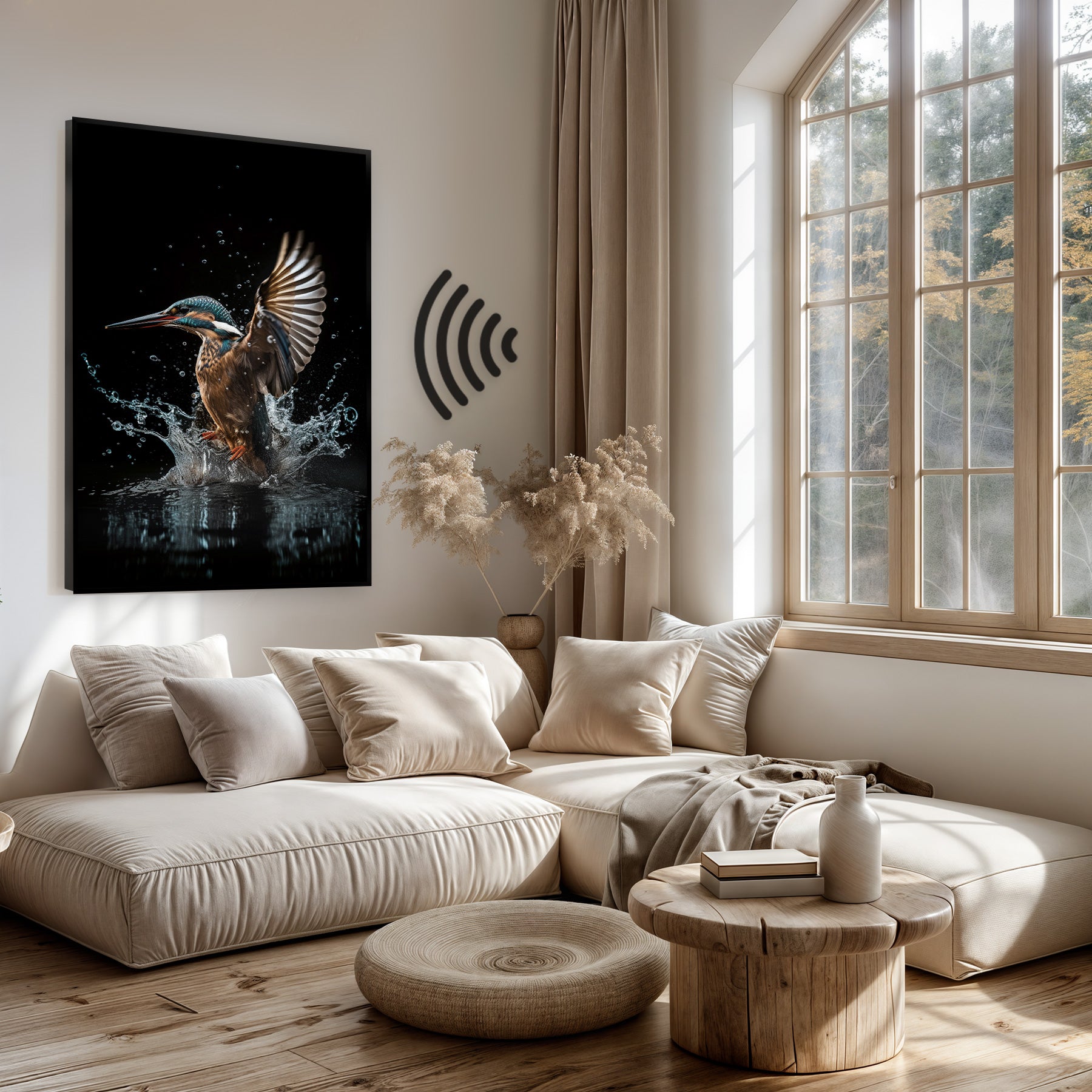 Akoestisch paneel Ijsvogel 4 boven een lichte bank in een woonkamer.