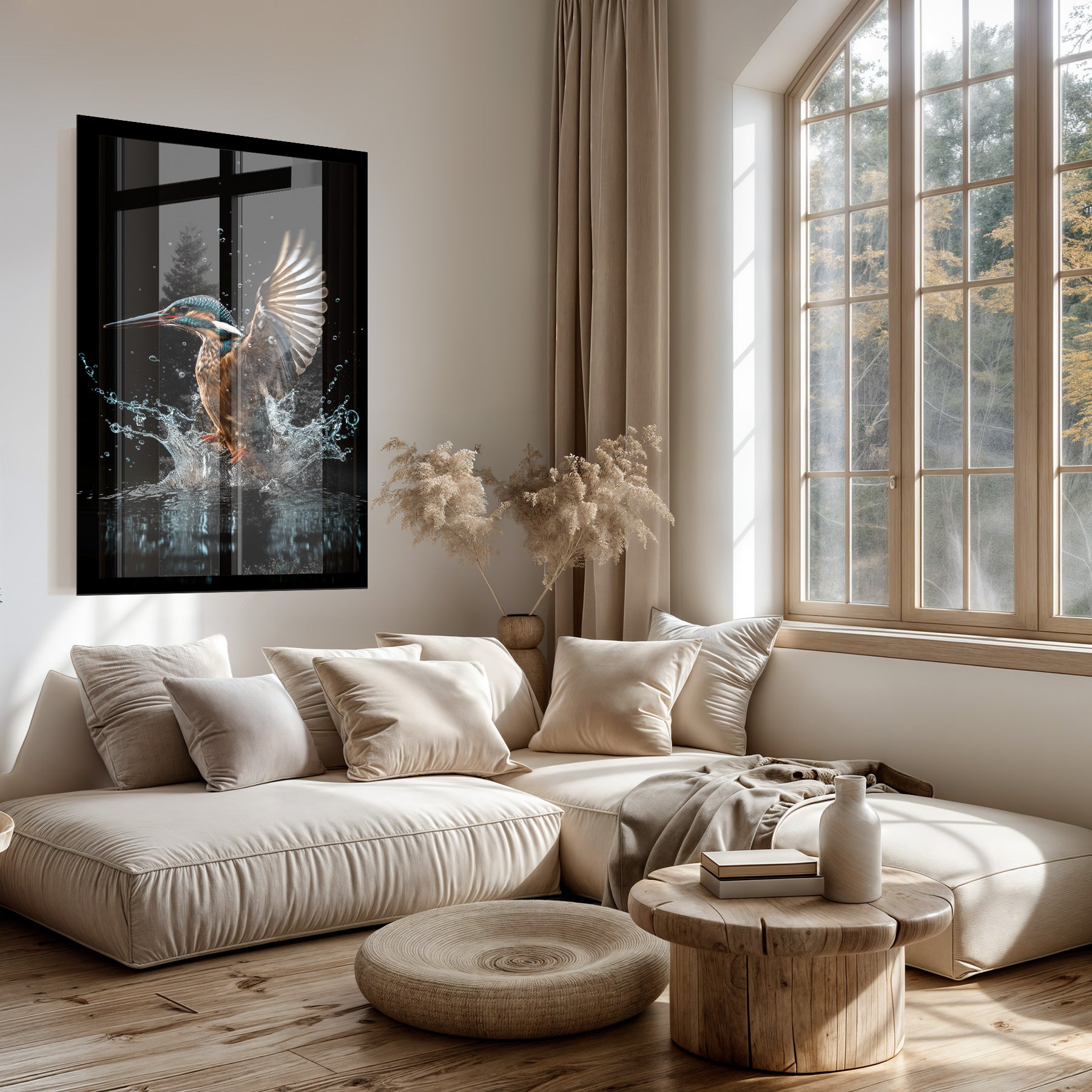 Plexiglas schilderij Ijsvogel 4 boven een lichte bank in een woonkamer.