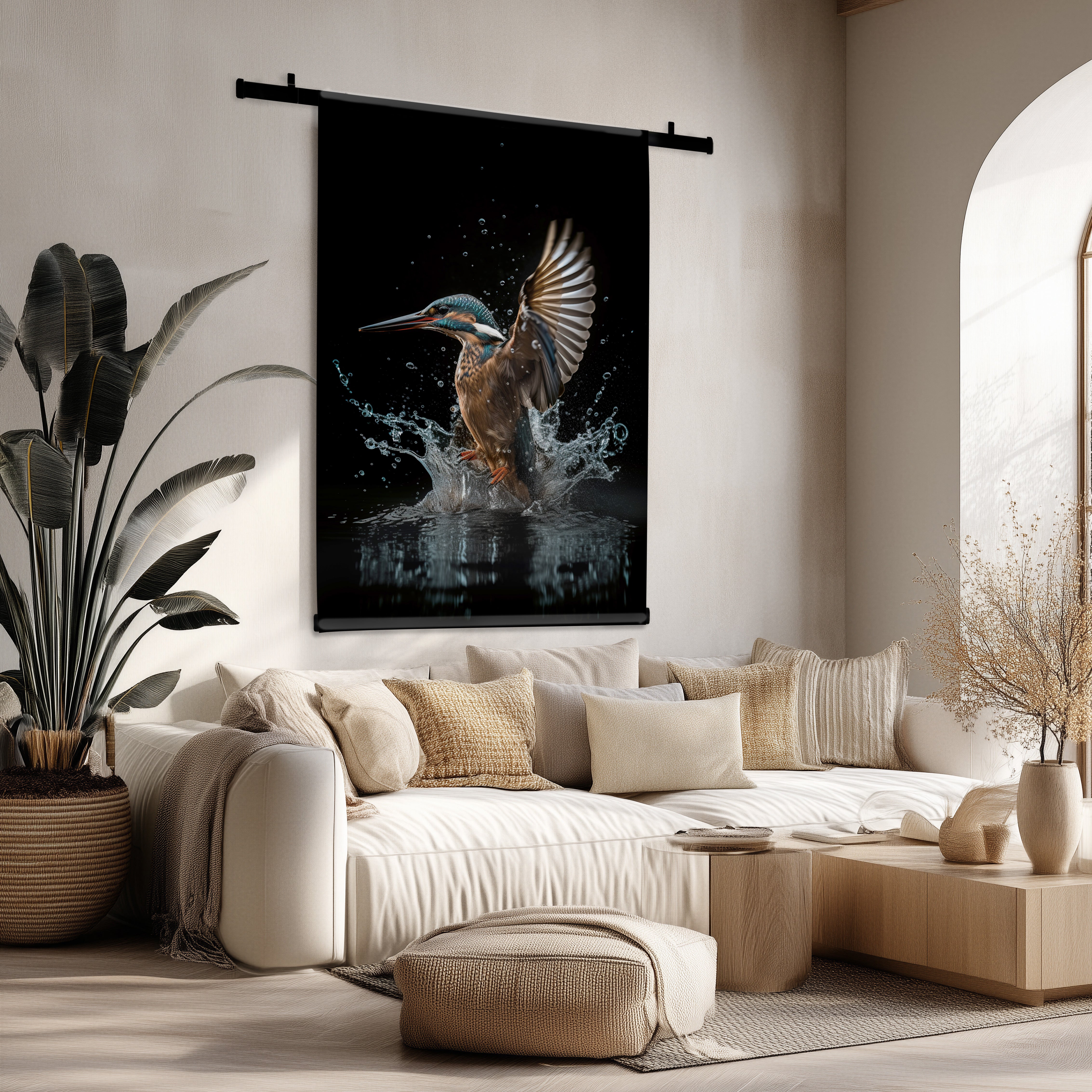 Zwart velours wandkleed met levendige ijsvogel die uit het water opstijgt, in een moderne woonkamer.