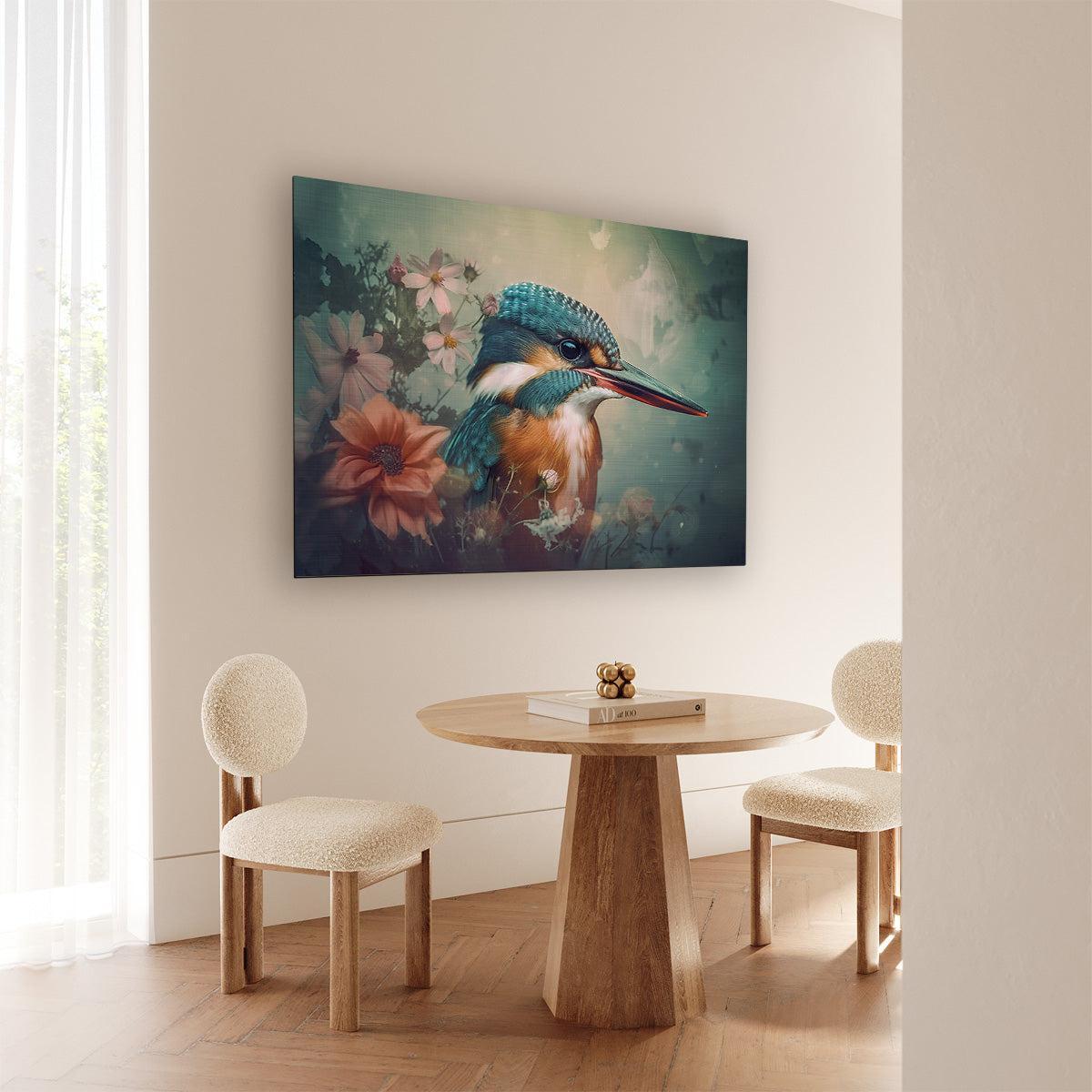 Liggende poster van een ijsvogel met botanisch thema in subtiele, levendige kleuren.