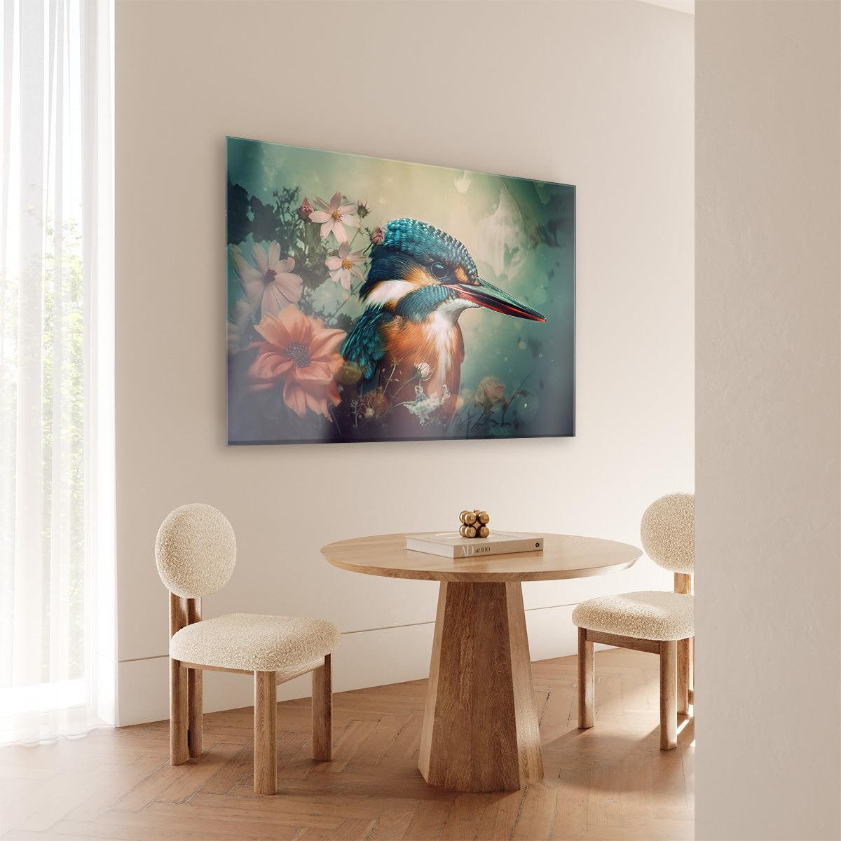 Plexiglas schilderij Ijsvogel 5 aan de muur bij een ronde houten eettafel.