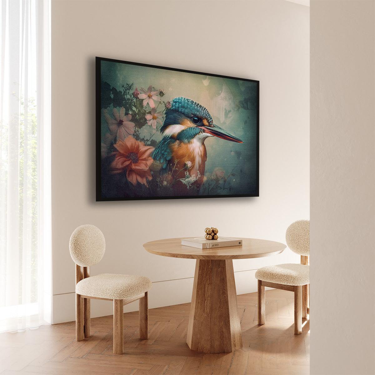 Artframe Ijsvogel 5 aan de muur bij een ronde houten eettafel.