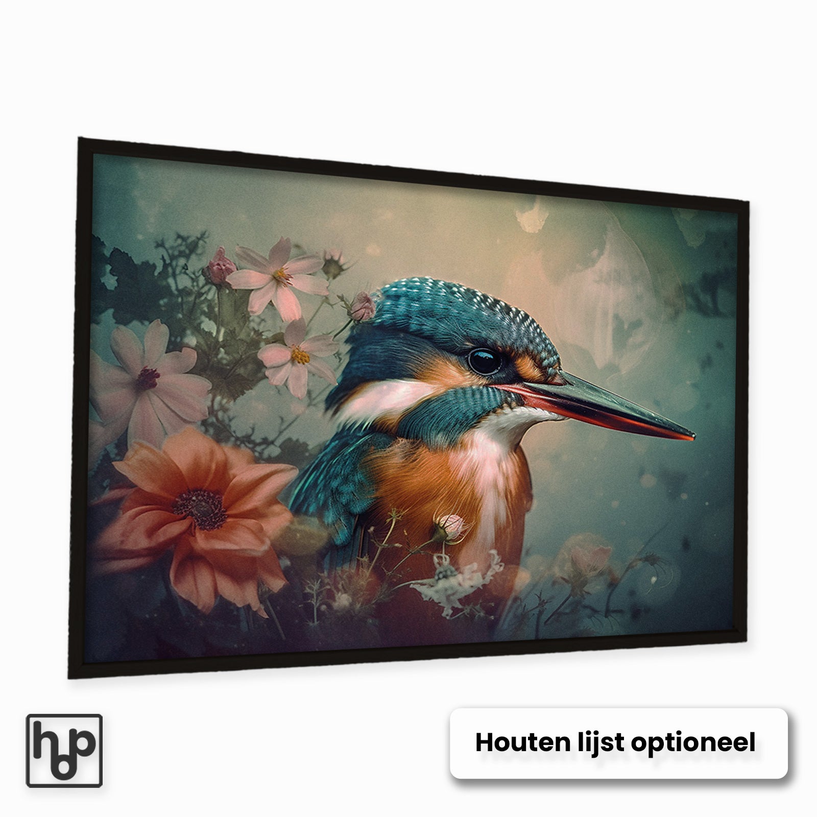 Liggende poster met een ijsvogel in subtiele, levendige kleuren, omringd door roze en oranje bloemen.