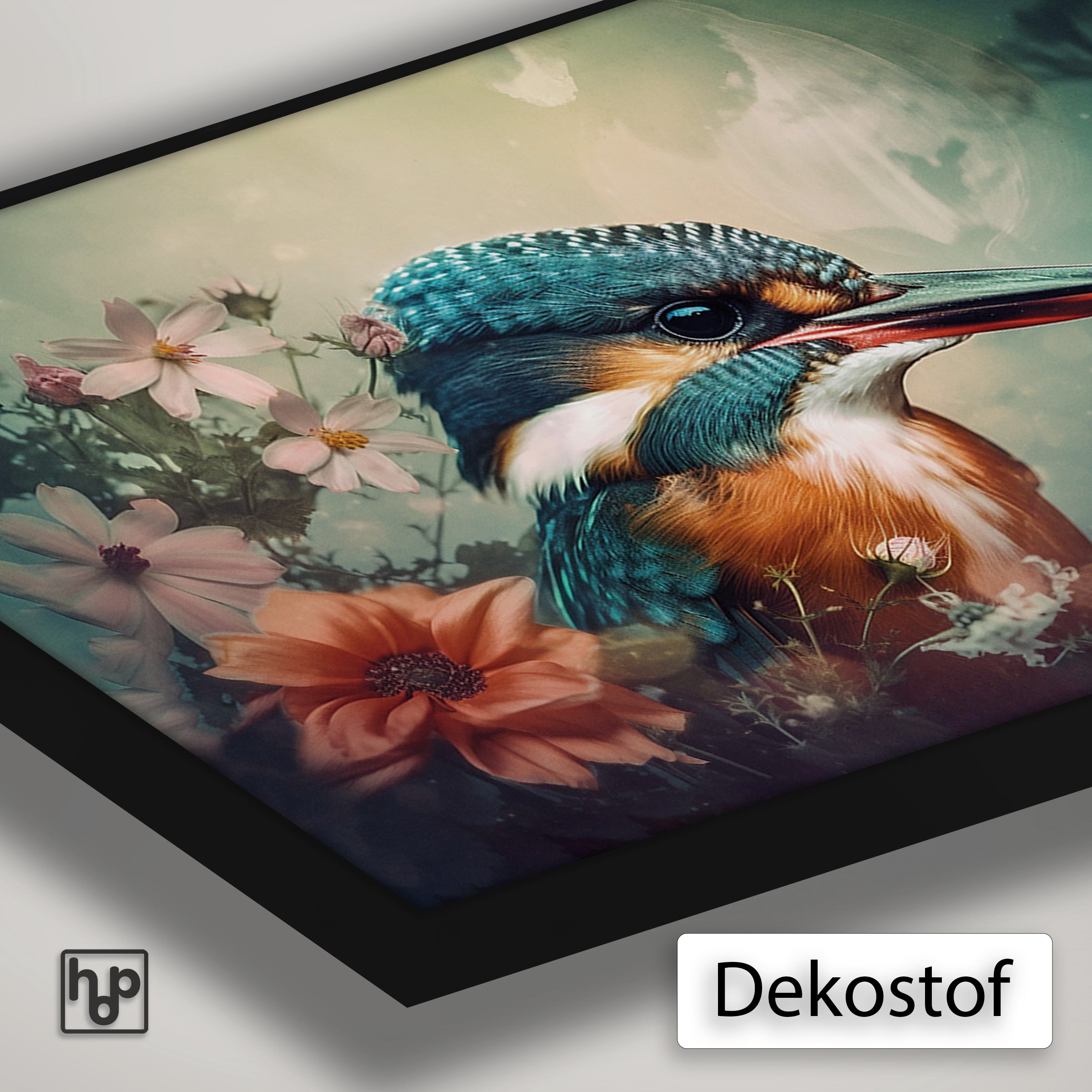 Detail van Artframe Ijsvogel 5 met dekostof en een zwart aluminium frame.